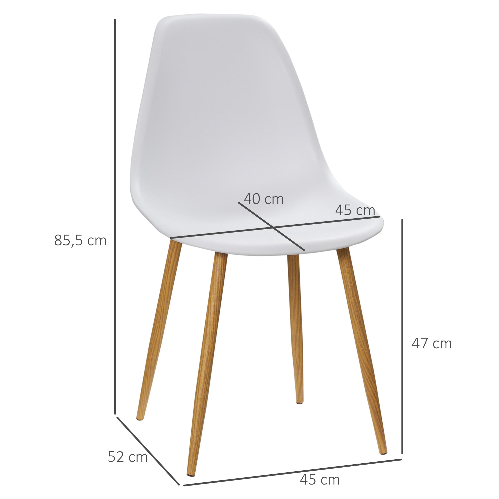 HOMCOM Esszimmerstuhl 4er-Set, Metallbeine in Holzoptik, rutschfeste Füße, bis 120 kg, Weiß/Holzdekor