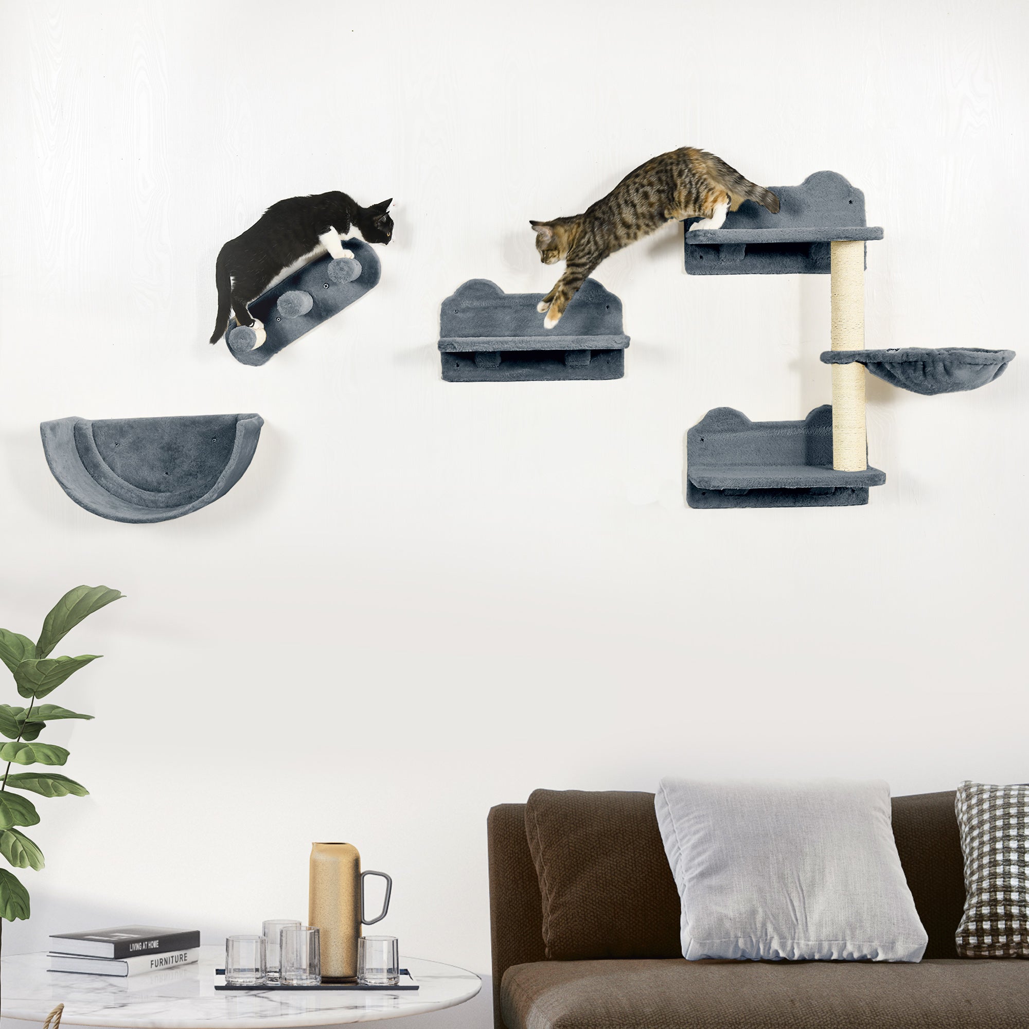PawHut Kletterwand-Set für Katzen, Hängematte, Kratzbrett, Sprungplattformen, Plüsch, Sisal, Grau