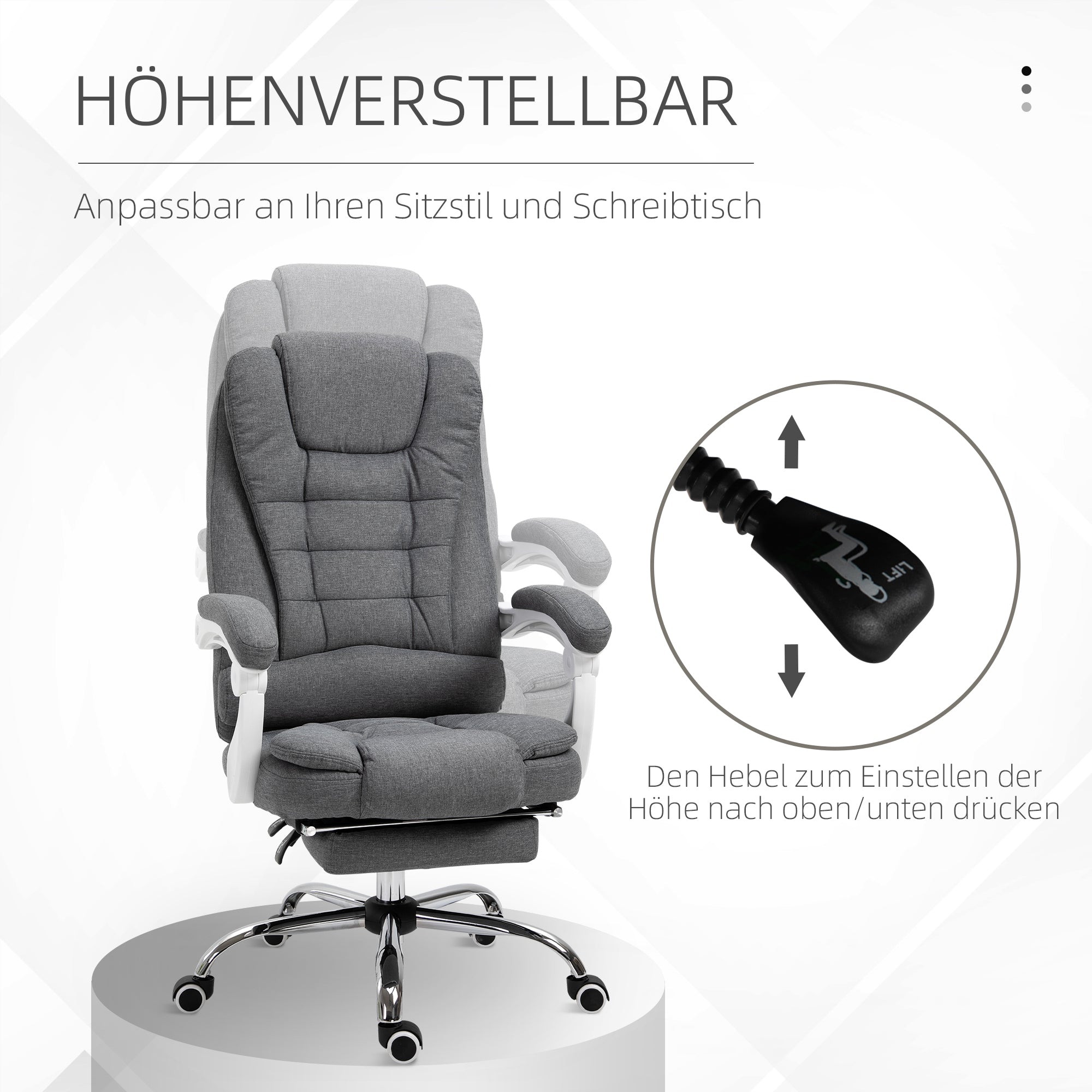 Vinsetto Bürostuhl mit ausklappbarer Fußstütze, Chefsessel, verstellbare Rückenlehne, Leinenoptik, Grau