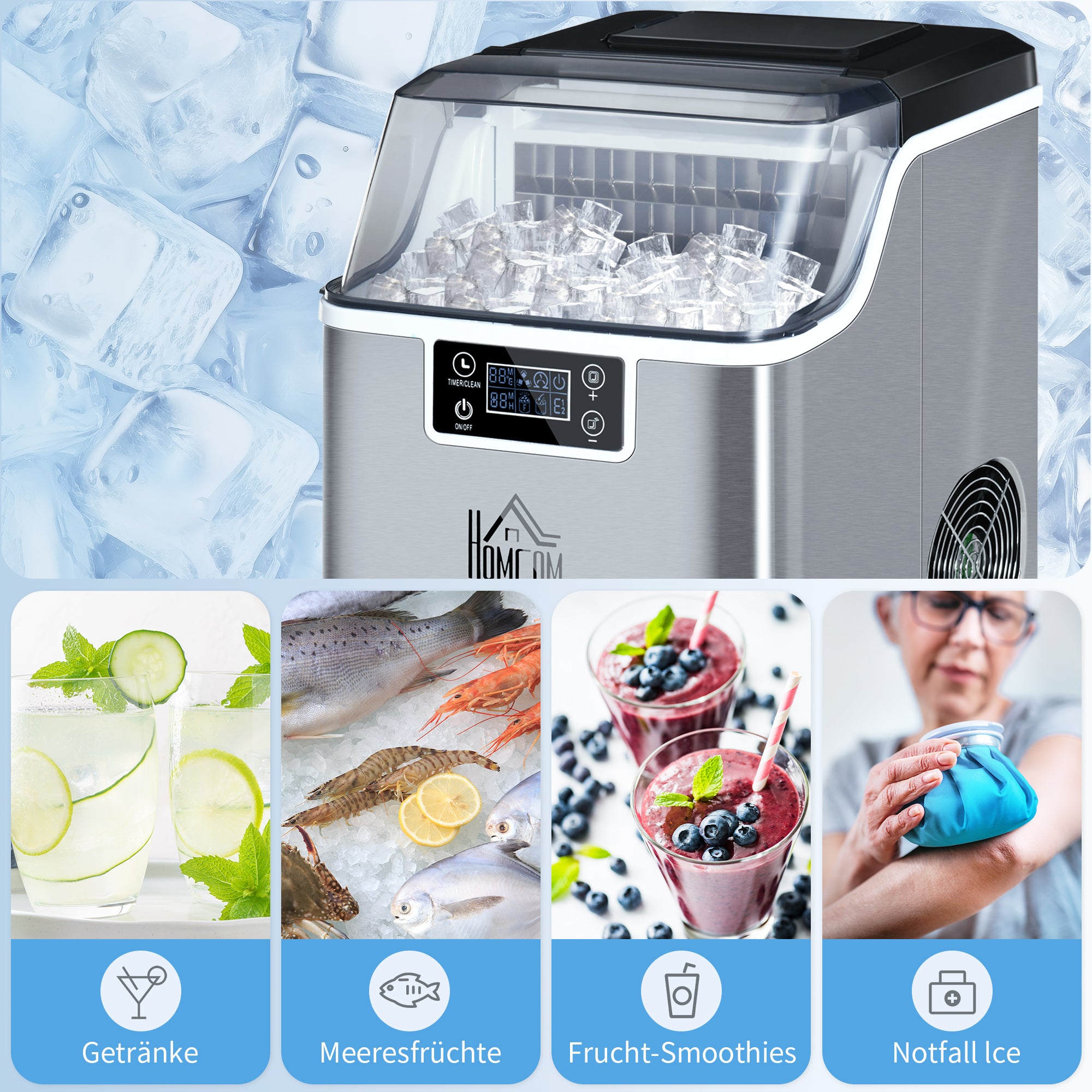 HOMCOM Eiswürfelmaschine Eiswürfelspender Ice-Maker 20kg/24h 2,3L Eiswürfelbereiter mit 3,2 L Wassertank, Silber