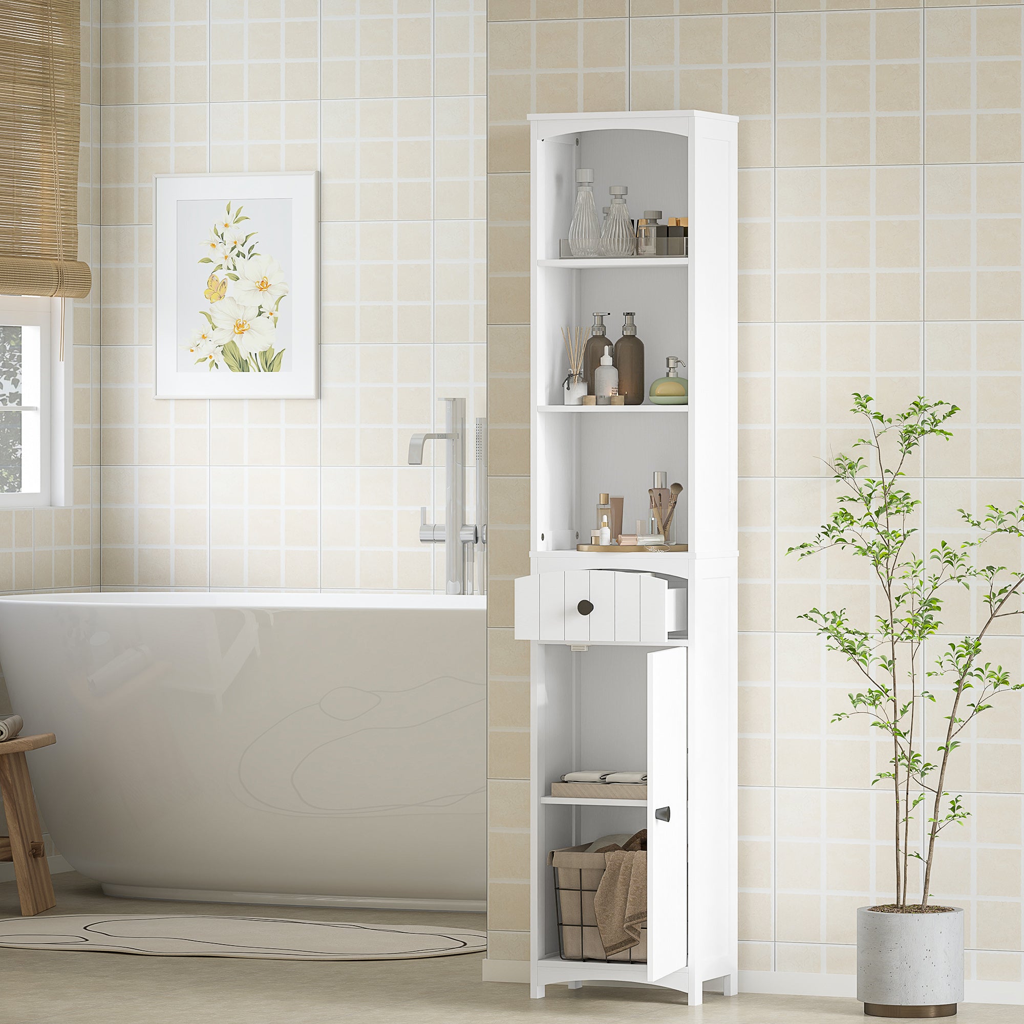 HOMCOM Badezimmerschrank mit 3 Regalen, 1 Schublade, robust, MDF, Weiß