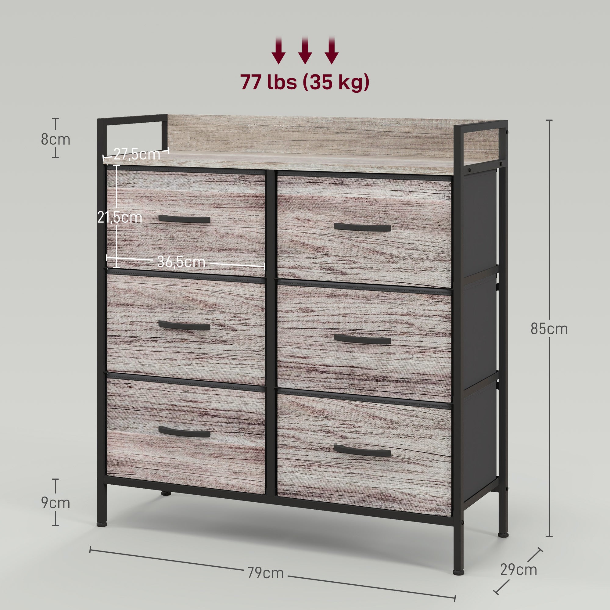HOMCOM Stoff-Kommode, 6 faltbare Schubladen, Regal, Stahlrahmen, 79 x 29 x 85, Grau