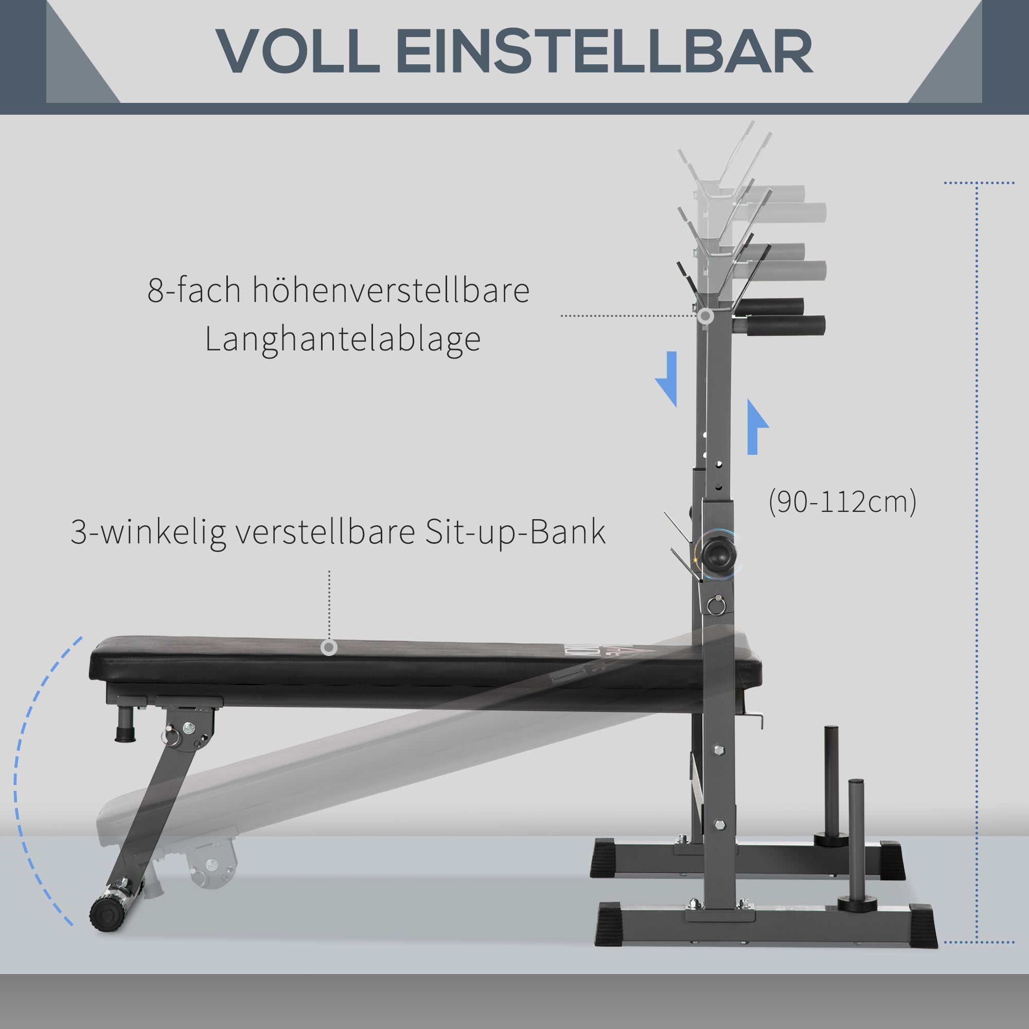 HOMCOM Hantelbank, 8 Positionen, klappbar, Stahlbasis, gepolstert, Kunstleder, 98-122H x 140L x 73B cm, Schwarz/Grau