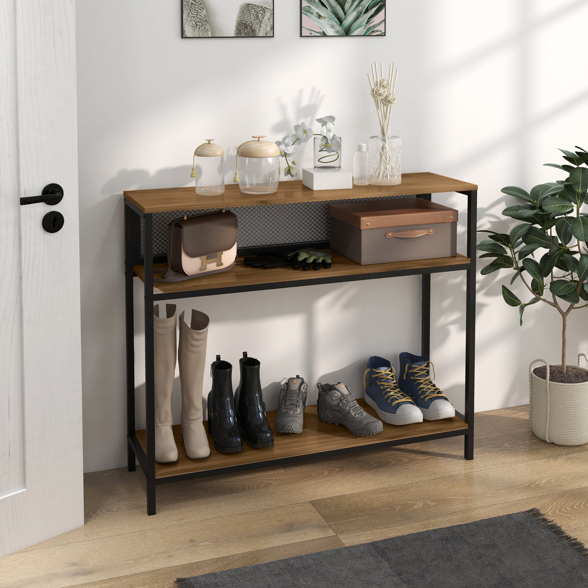 HOMCOM Sideboard Konsolentisch Flurregal, Industriedesign, 100 cm x 29,5 cm x 90 cm, Braun + Schwarz