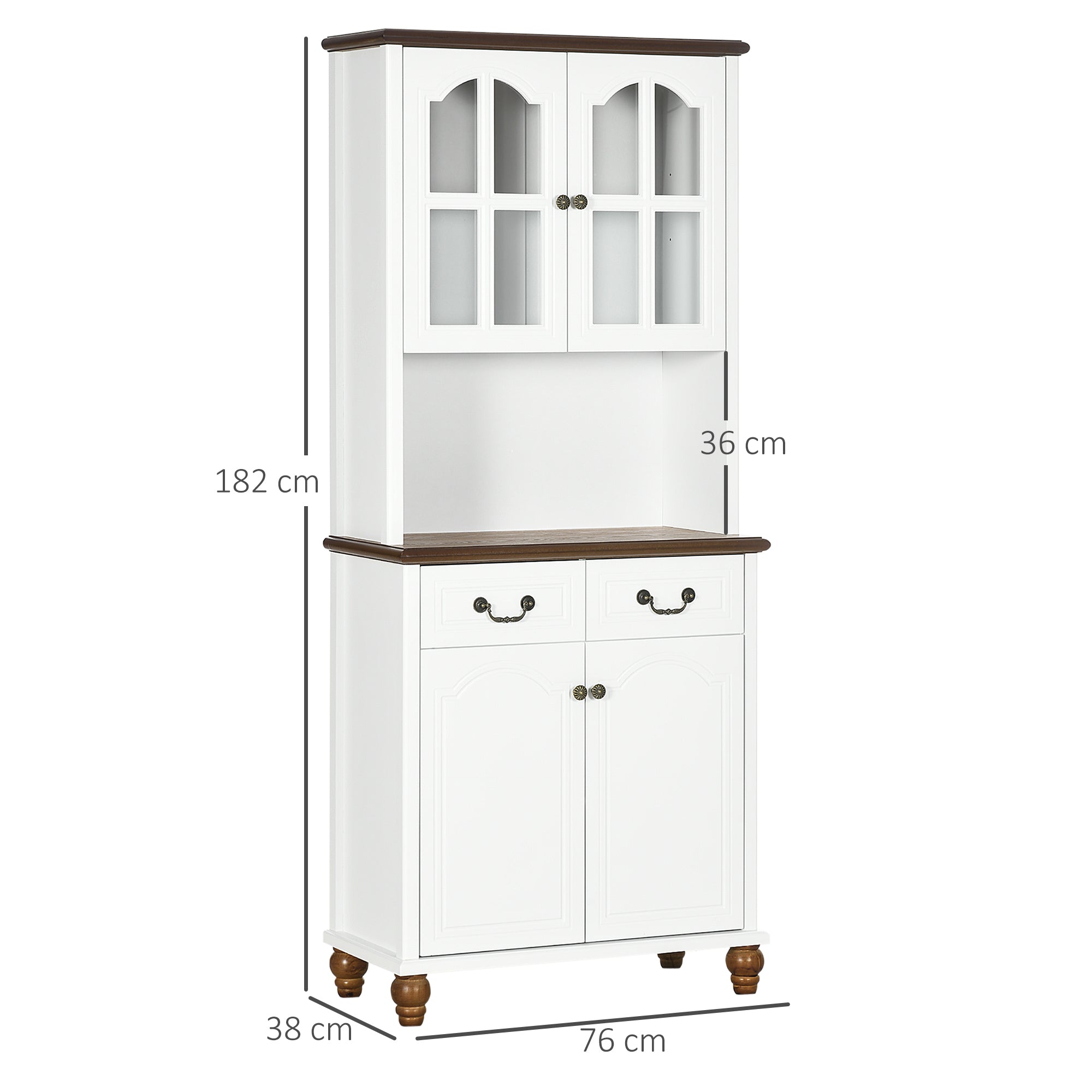 HOMCOM Küchenschrank, Buffet, 2 Schubladen, 2 Schrankfächer, klassisches Design, Weiß+Dunkelbraun, 76 x 38 x 182 cm