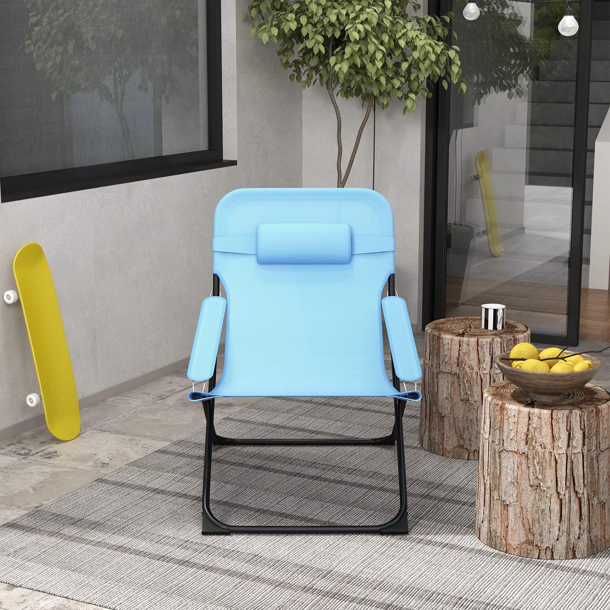 Outsunny Klappstuhl, 4-stufig verstellbar, atmungsaktiv, Metallgestell, 69 x 91 x 96 cm, Schwarz/Blau