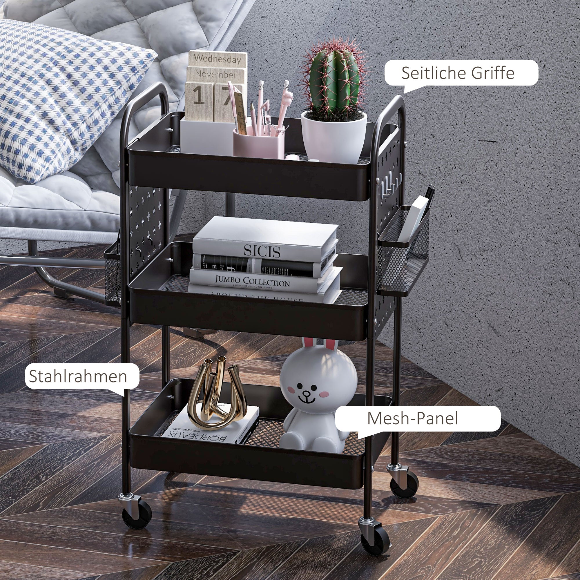 HOMCOM Mehrzweckwagen Rollwagen Küchenwagen, 3 Regale, 4 Rollen, 53,5 cm x 30,5 cm x 75 cm, Schwarz