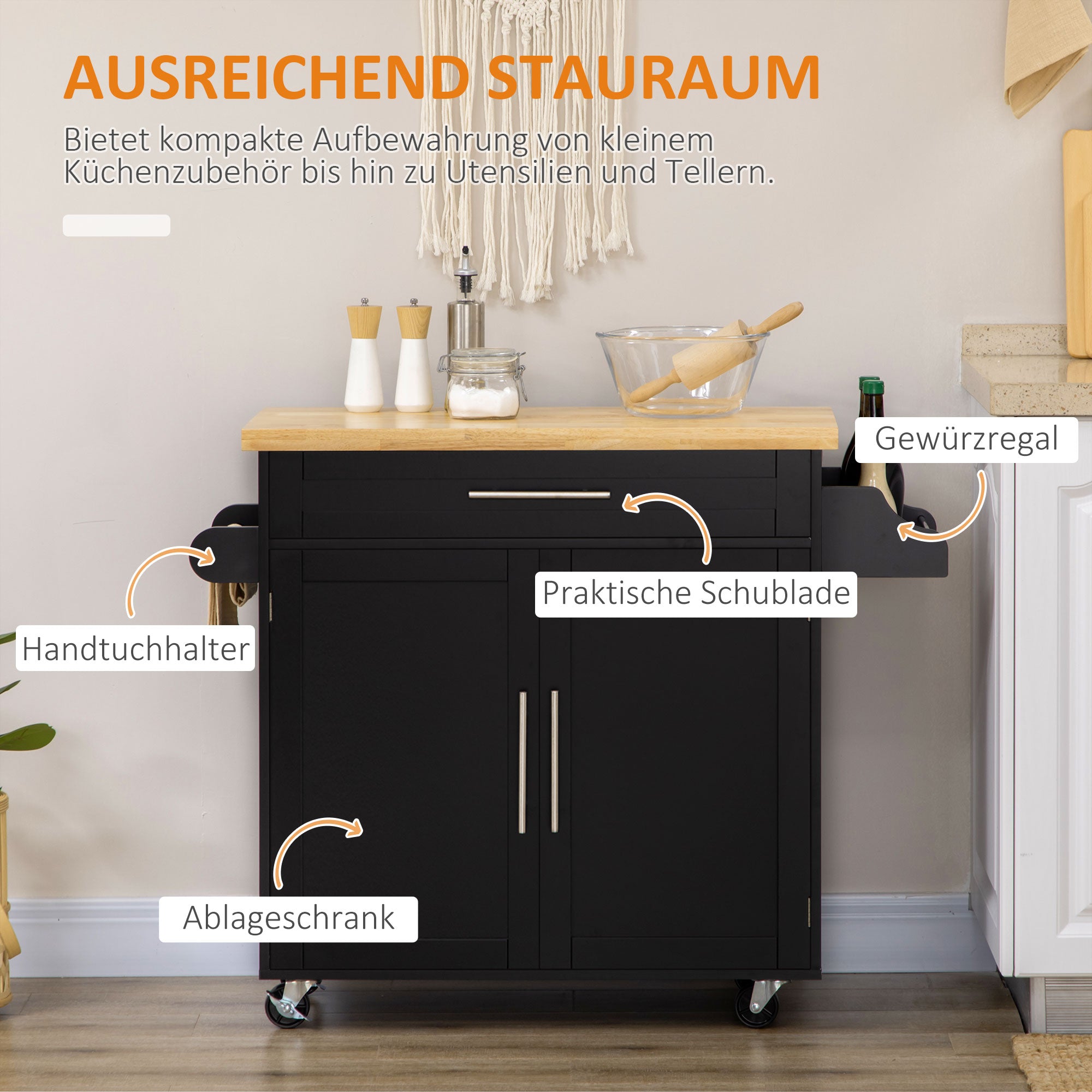 HOMCOM Küchenwagen Servierwagen Kücheninsel, 1 Gewürzregal, 1 Handtuchhalter, 109 cm x 40 cm x 89 cm, Schwarz