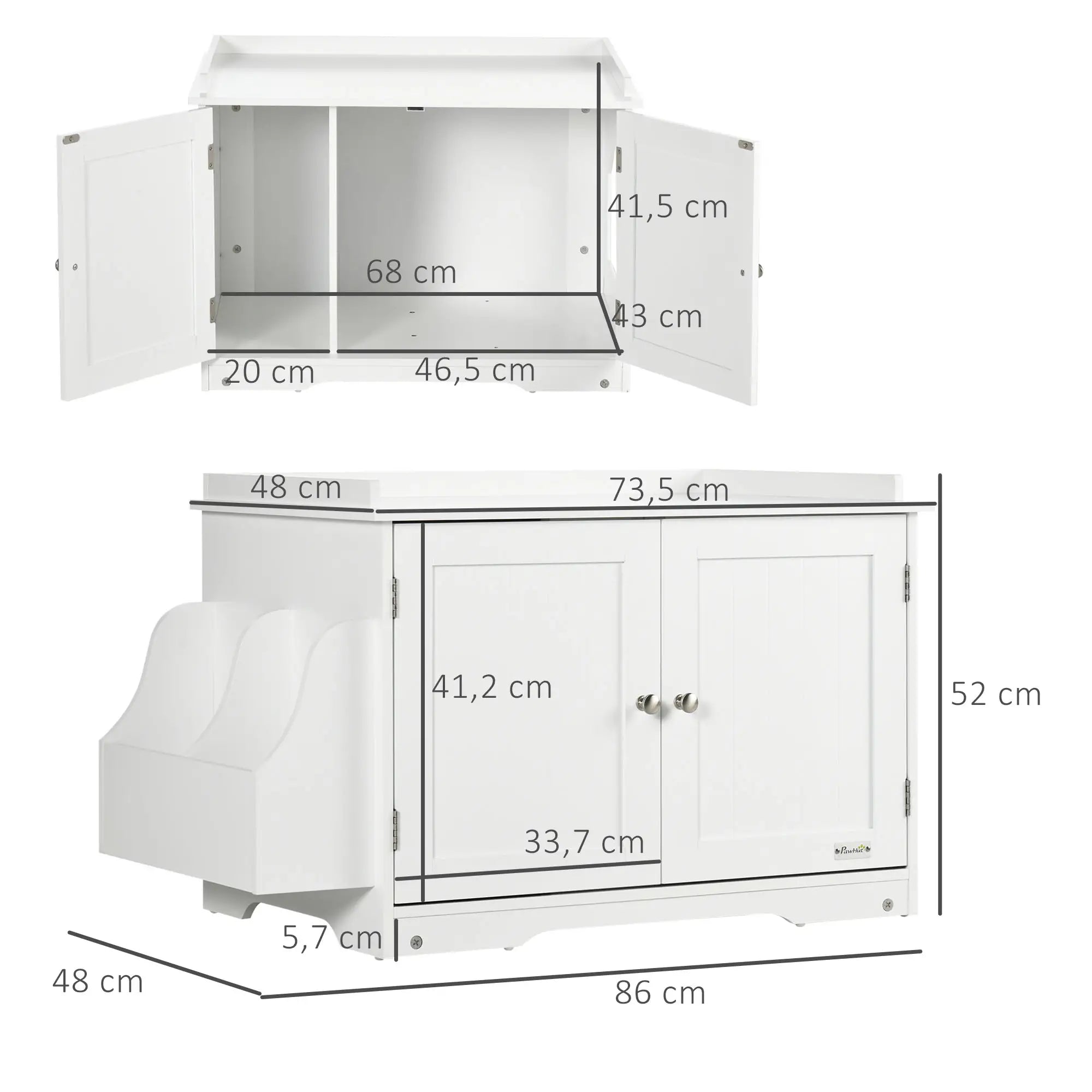 PawHut Katzentoilette, Katzenhaus, mit Trennwand, magnetischer Doppeltür, seitlicher Ablage, weiß, 86 x 48 x 52cm
