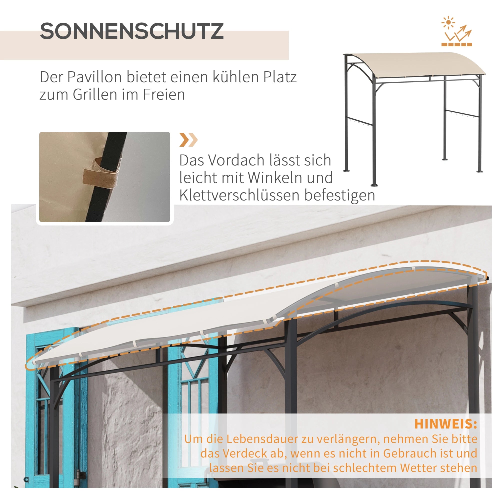 Outsunny Grillpavillon Gartenpavillon feuerfestes Dach Haken Outdoor