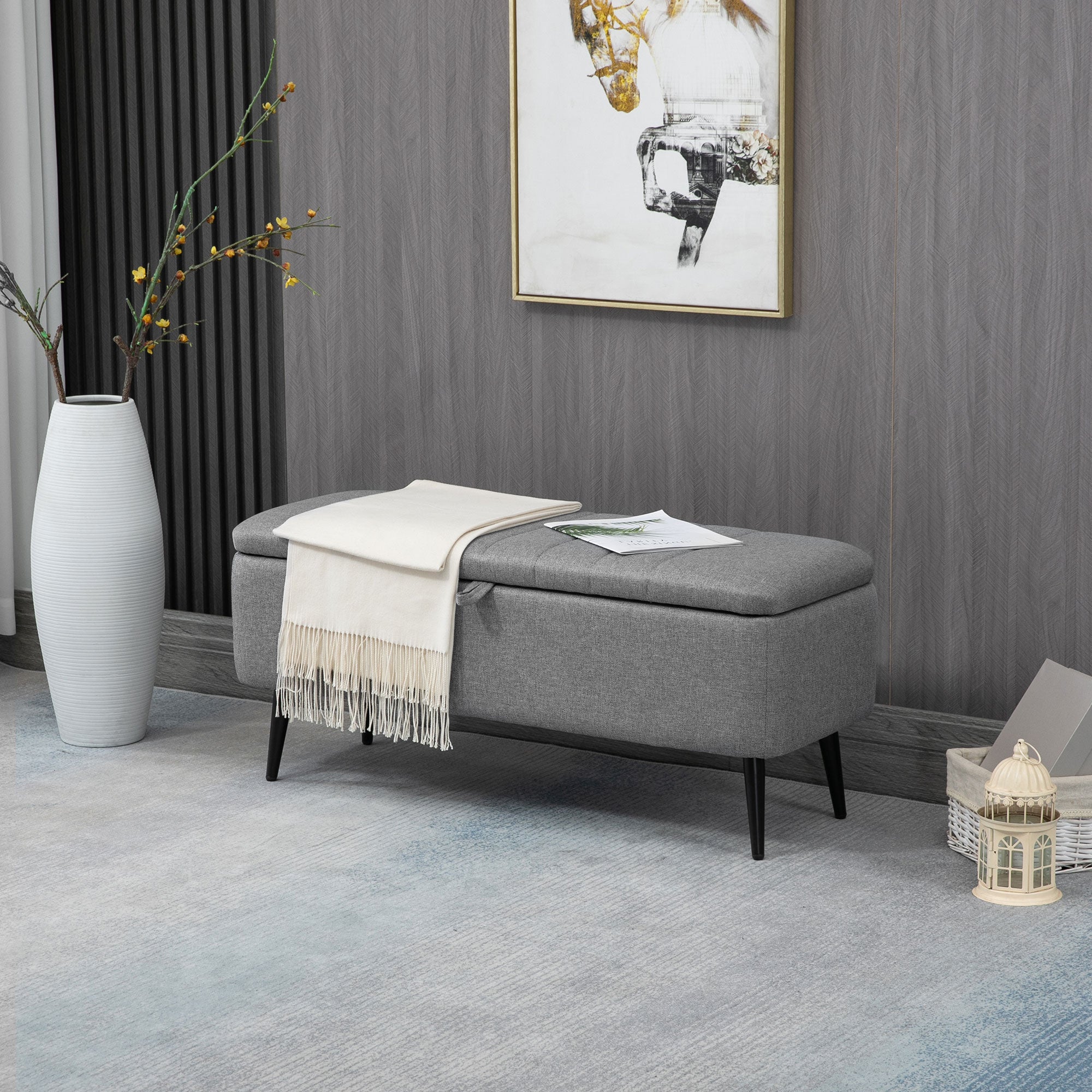 HOMCOM Sitzbank mit Stauraum Polsterbank mit Leinenoptik, Sitztruhe mit Stahlbeine 102 x 40 x 44 cm, Grau