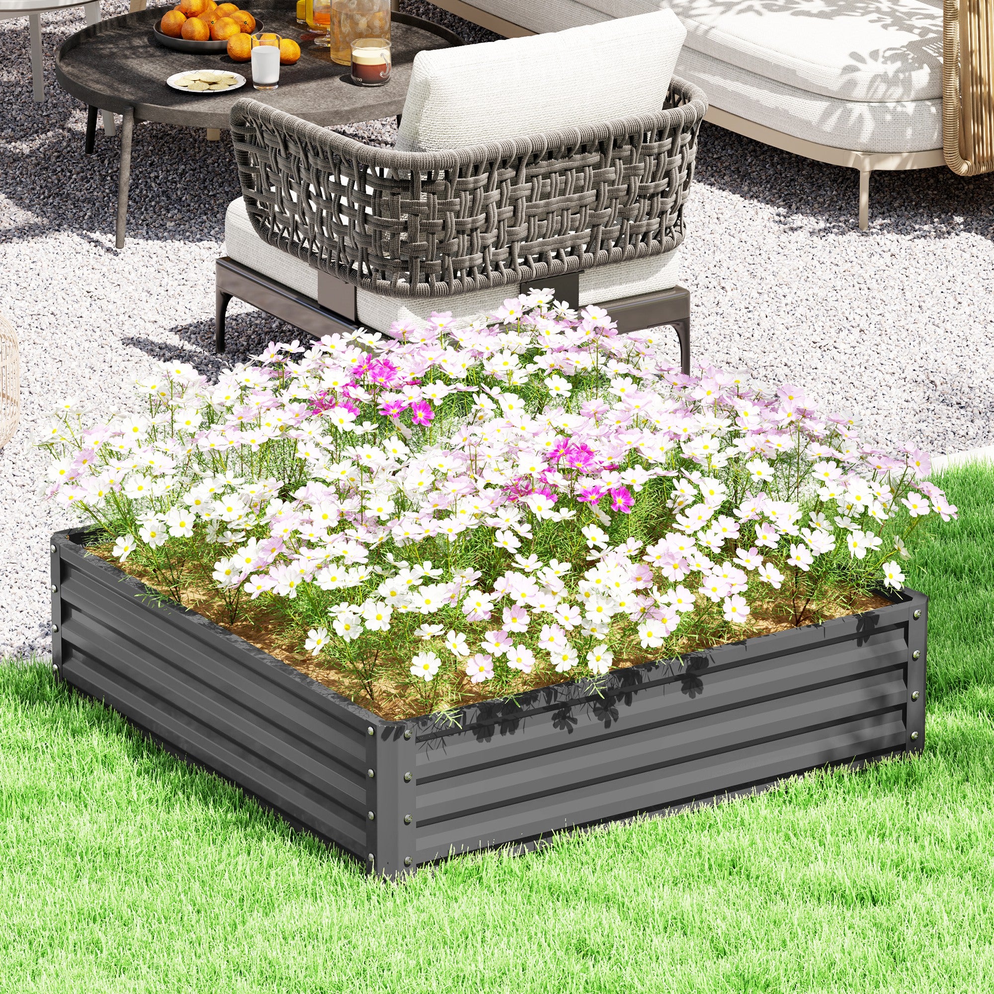 Outsunny Gartenbeet, Pflanzkasten mit Stahlgehäuse, Hellgrau, 120 x 120 x 30 cm