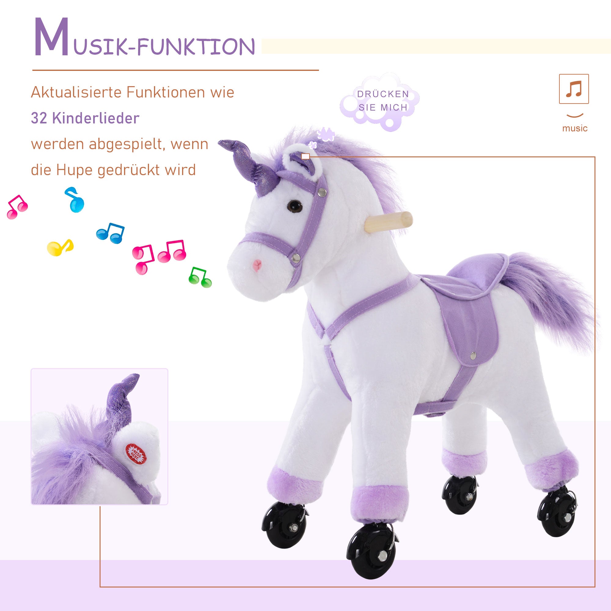 HOMCOM Reitpferd auf Rollen Spielpferd Reittier  Wiehern Plüsch Lila 55 x 23 x 60 cm