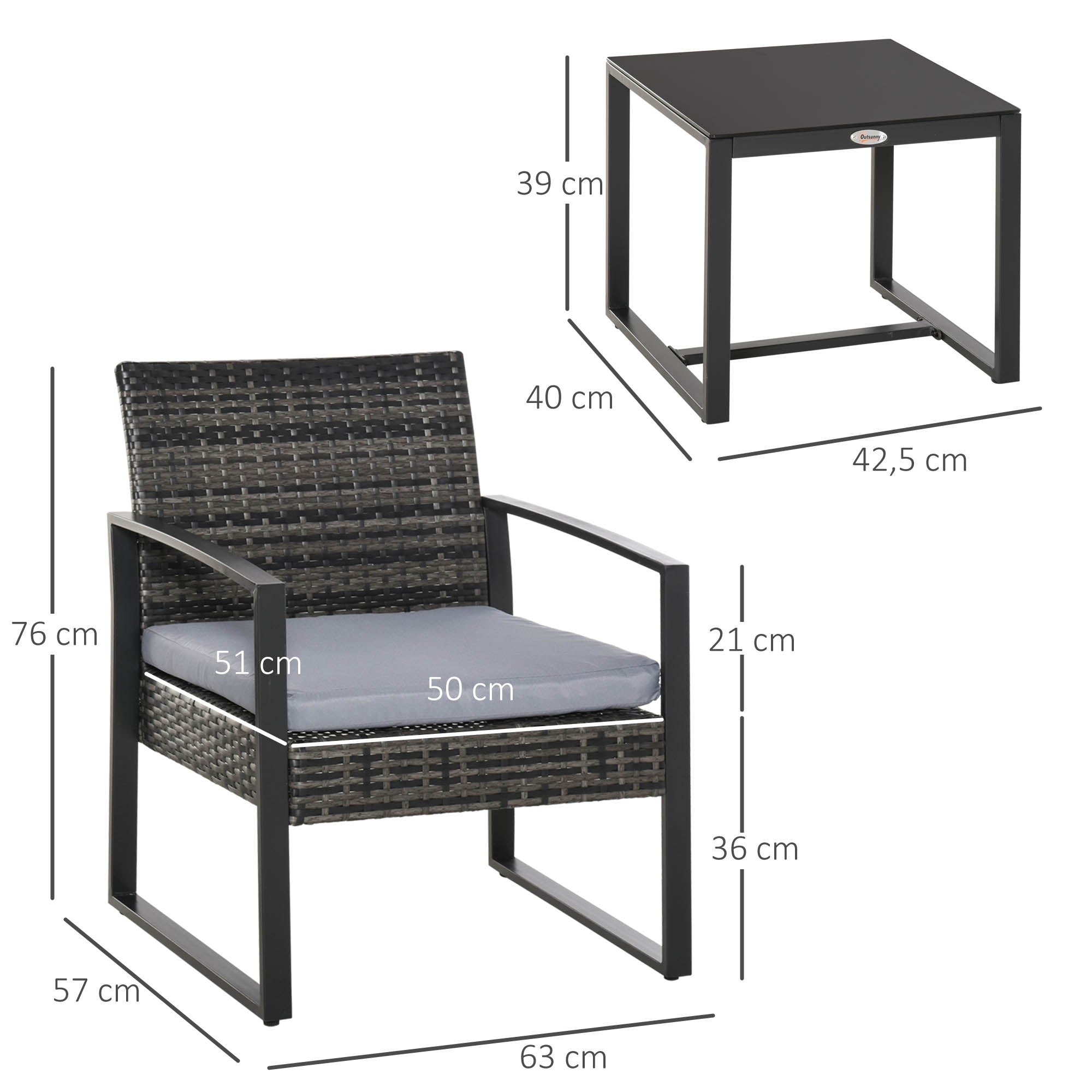 Outsunny Rattan Gartenmöbel Set für 2 Personen Polyrattan Gartenmöbel Set  Balkonmöbel Set mit Kissen Garten Grau
