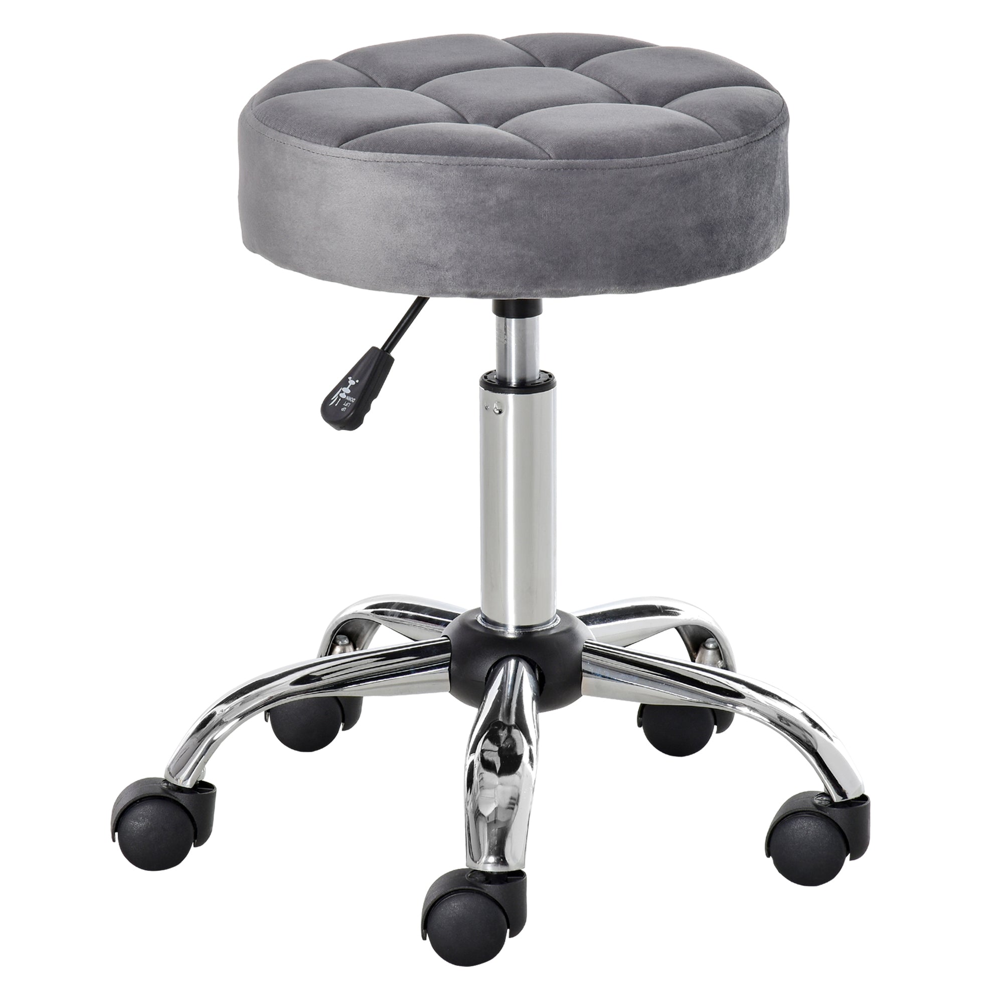 HOMCOM Salonstuhl mit Rädern Rollhocker höhenverstellbar drehbar Salon Hocker Samt-Touch Schaumstoff Chrom-Basis Hellgrau 35 x 35 x 49-61 cm