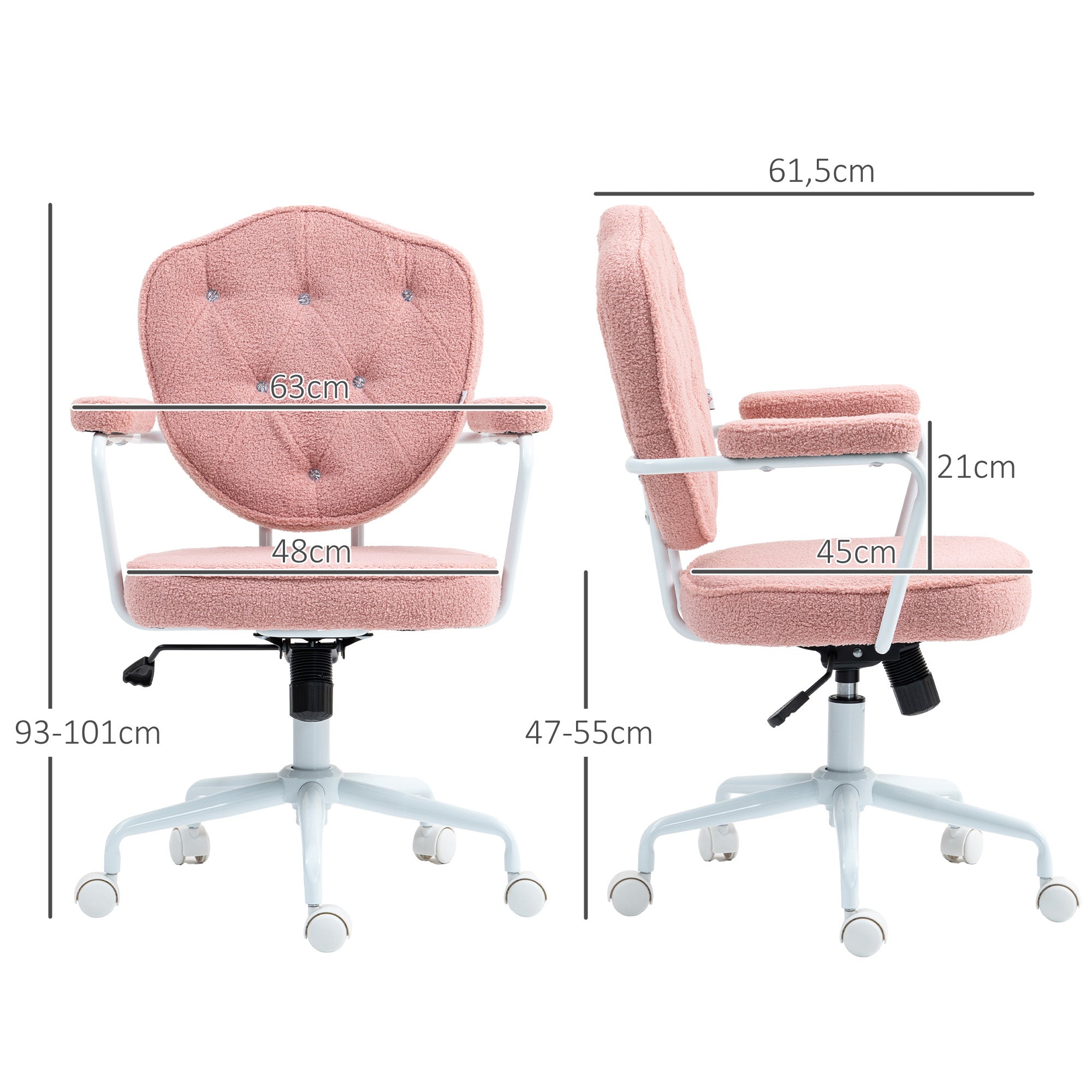HOMCOM Schöner Bürostuhl mit geknöpftem, weichem Bezug, höhenverstellbar, Rosa