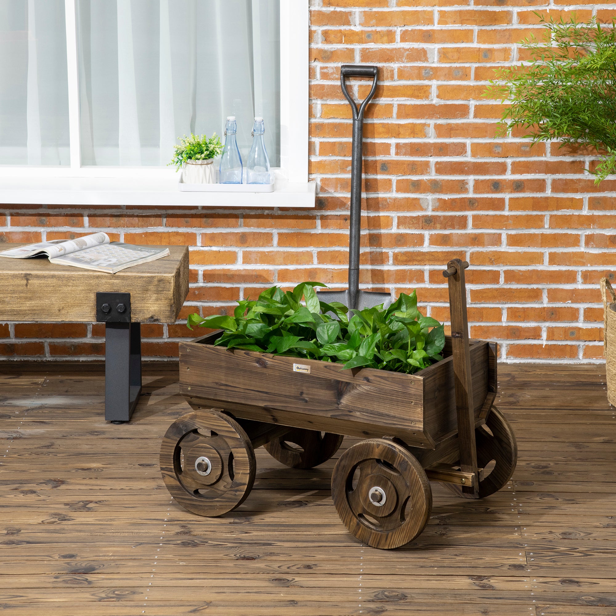 Outsunny Hochbeet im Holzwagen-Design, Brandlackierung, beweglich, wetterbeständig, Braun