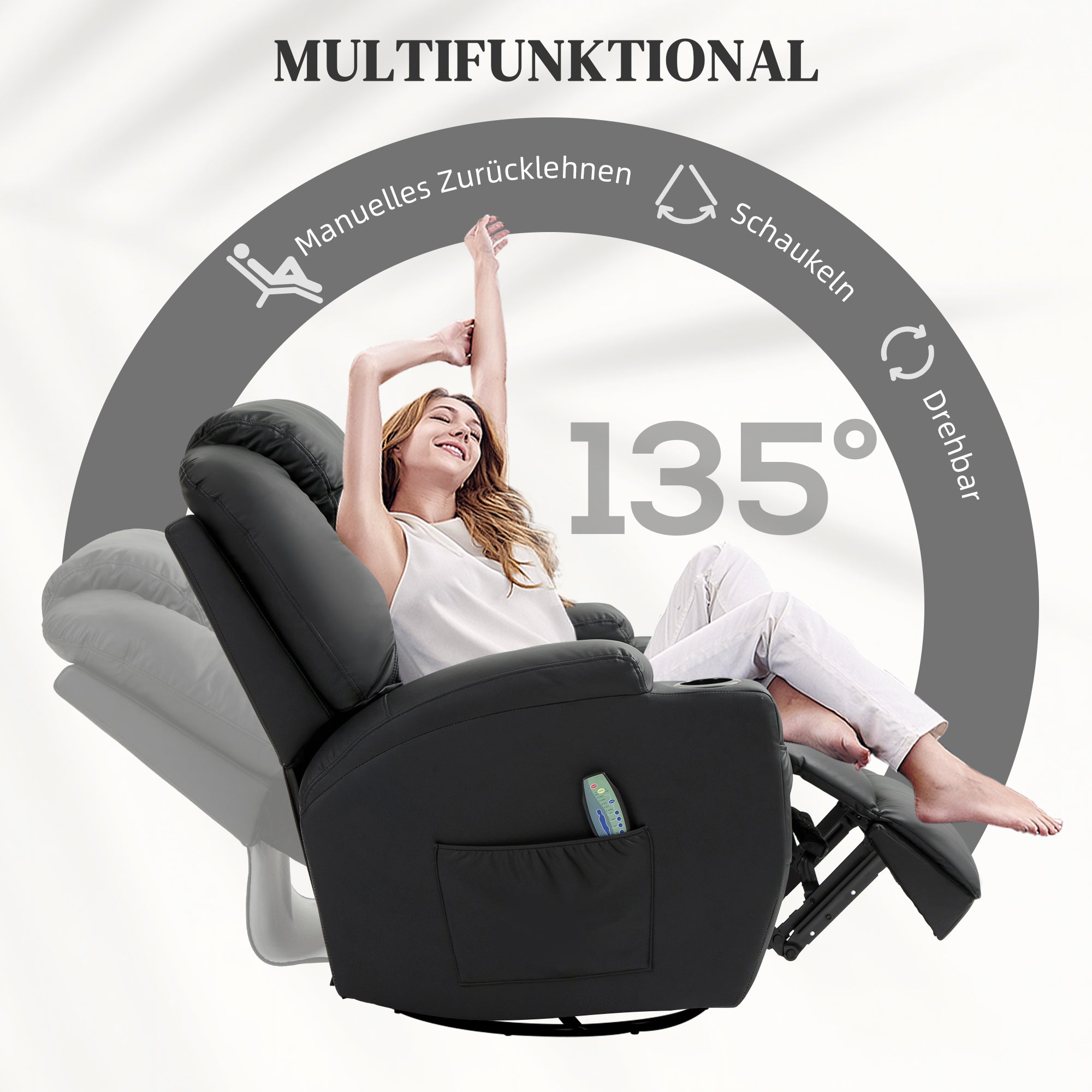 HOMCOM Relaxsessel mit Massagefunktion, neigbare Lehne, drehbar, bis 150 kg, Kunstleder, Schwarz