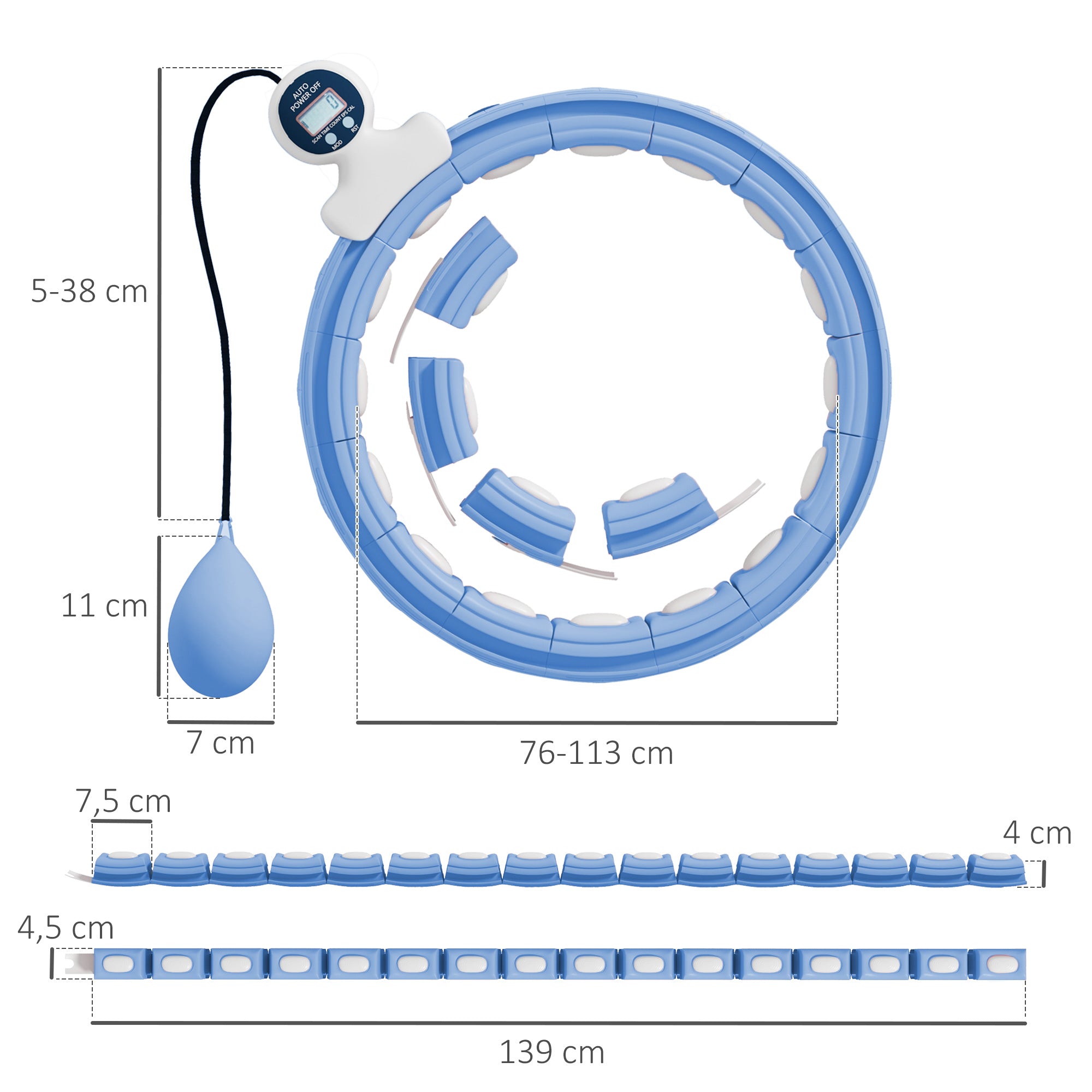 SPORTNOW Smart Hula Hoop Reifen Erwachsene mit Gewicht Kugel Zähler 16 Knoten (76-113cm) Hellblau