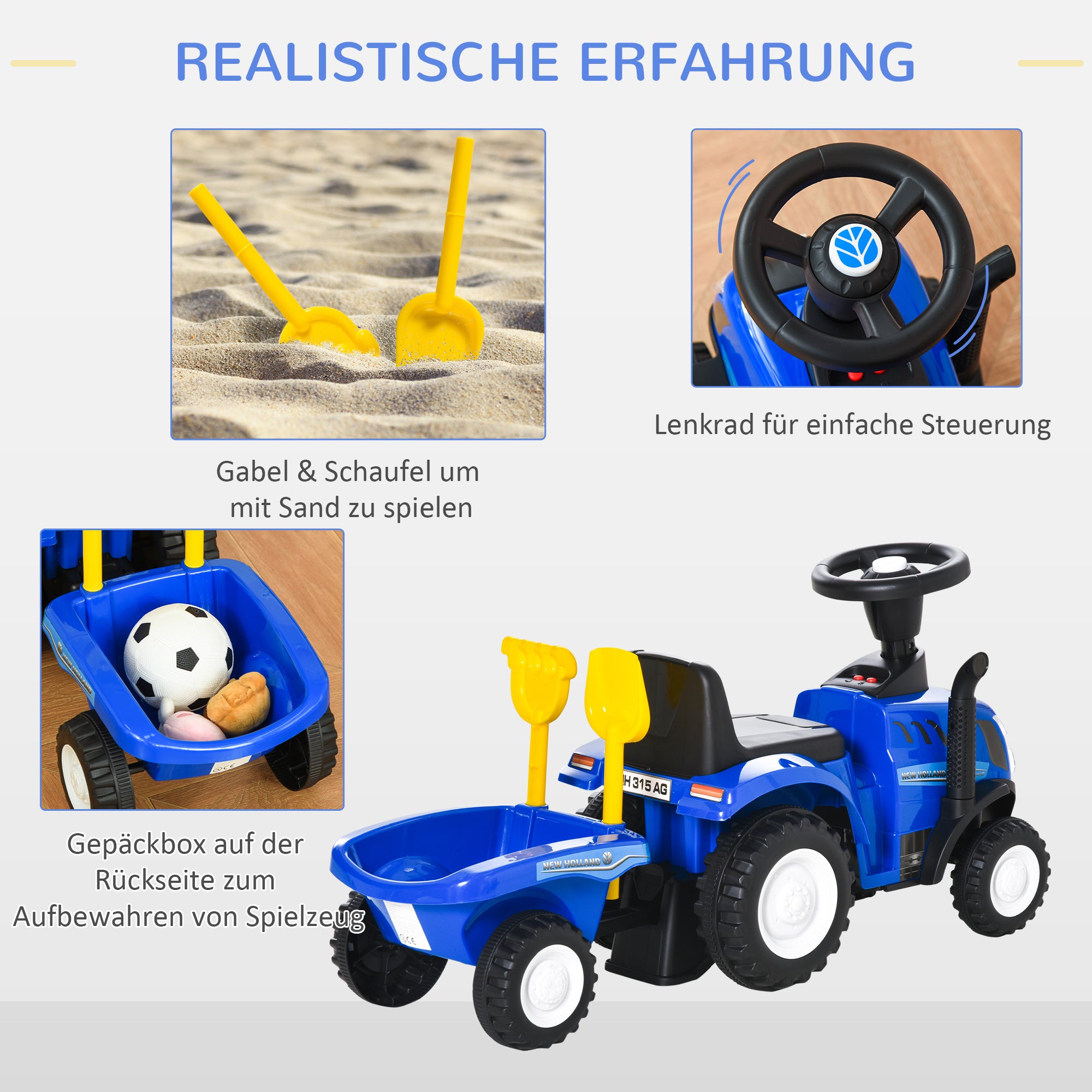 HOMCOM Rutsch-Traktor mit Anhänger, Hupe, Sandspielzeug, ab 1 Jahr, Kunststoff+Metall, blau, 91 x 29 x 44cm