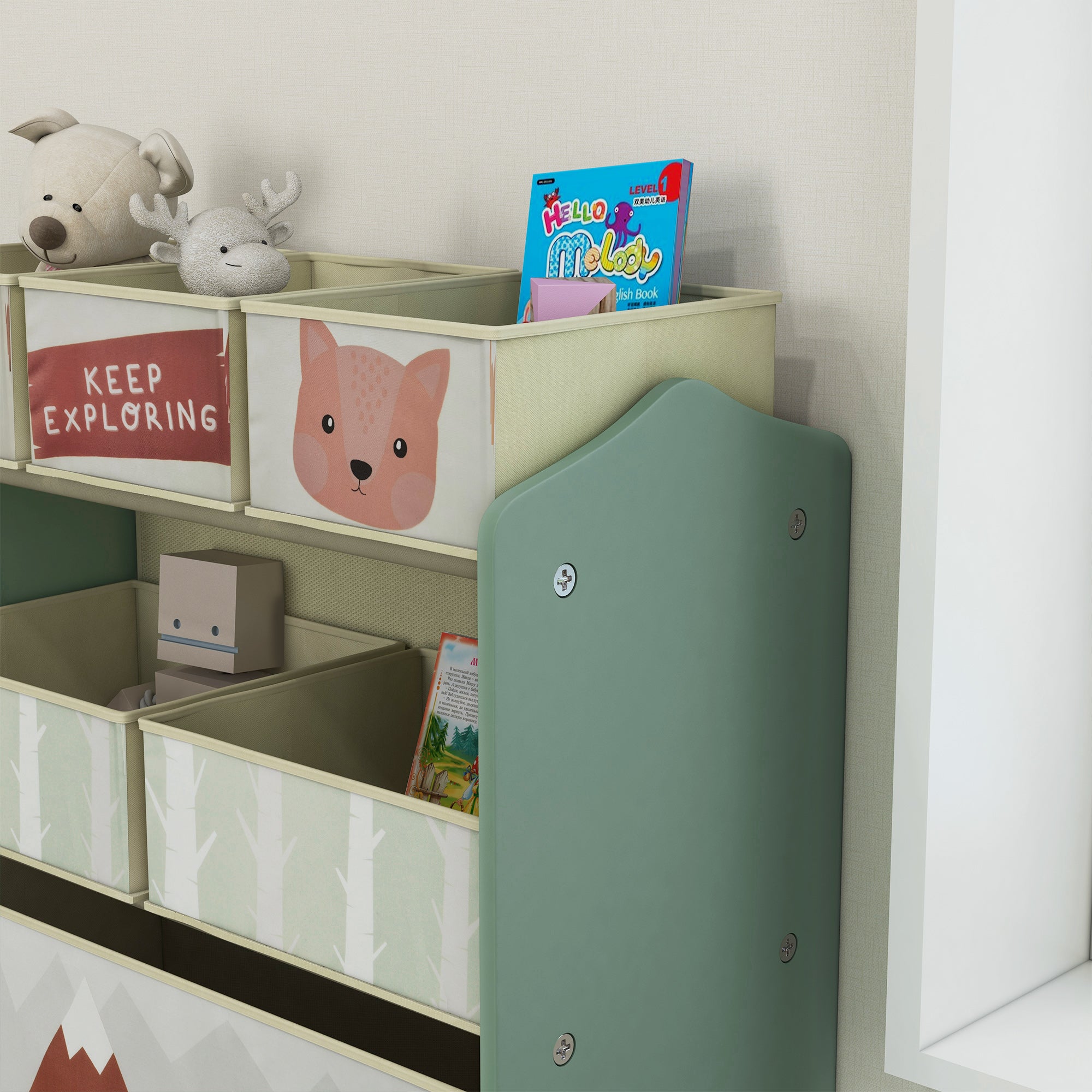 ZONEKIZ Kinderschrank mit 6 Stoffboxen, niedliches Motiv, 63x30x66 cm, Grün