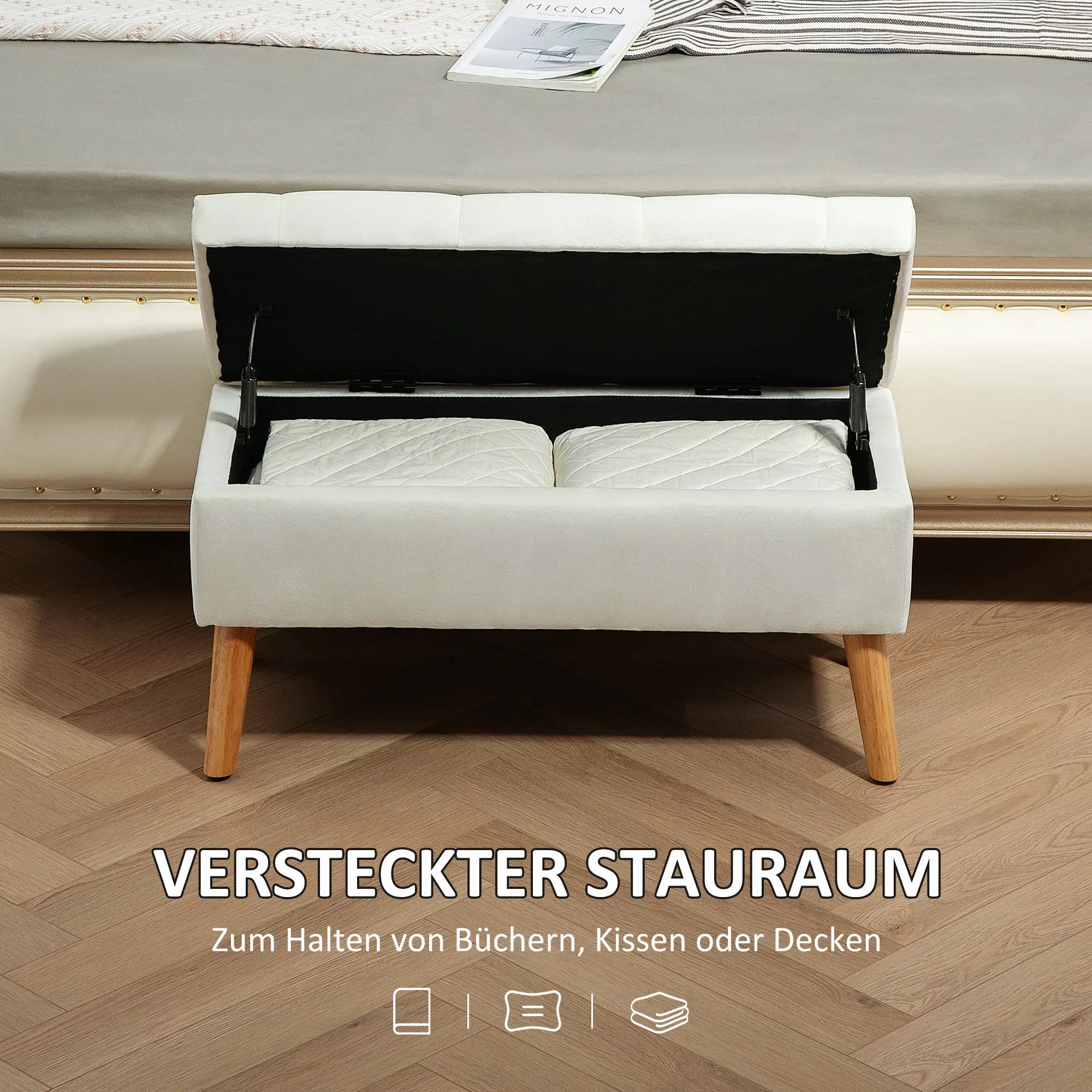 HOMCOM Polsterbank mit Stauraum, Stoffbezug in Samtoptik, Holzbeine, für Wohnzimmer, Schlafzimmer, Flur, 80 x 35 x 40 cm, Weiß