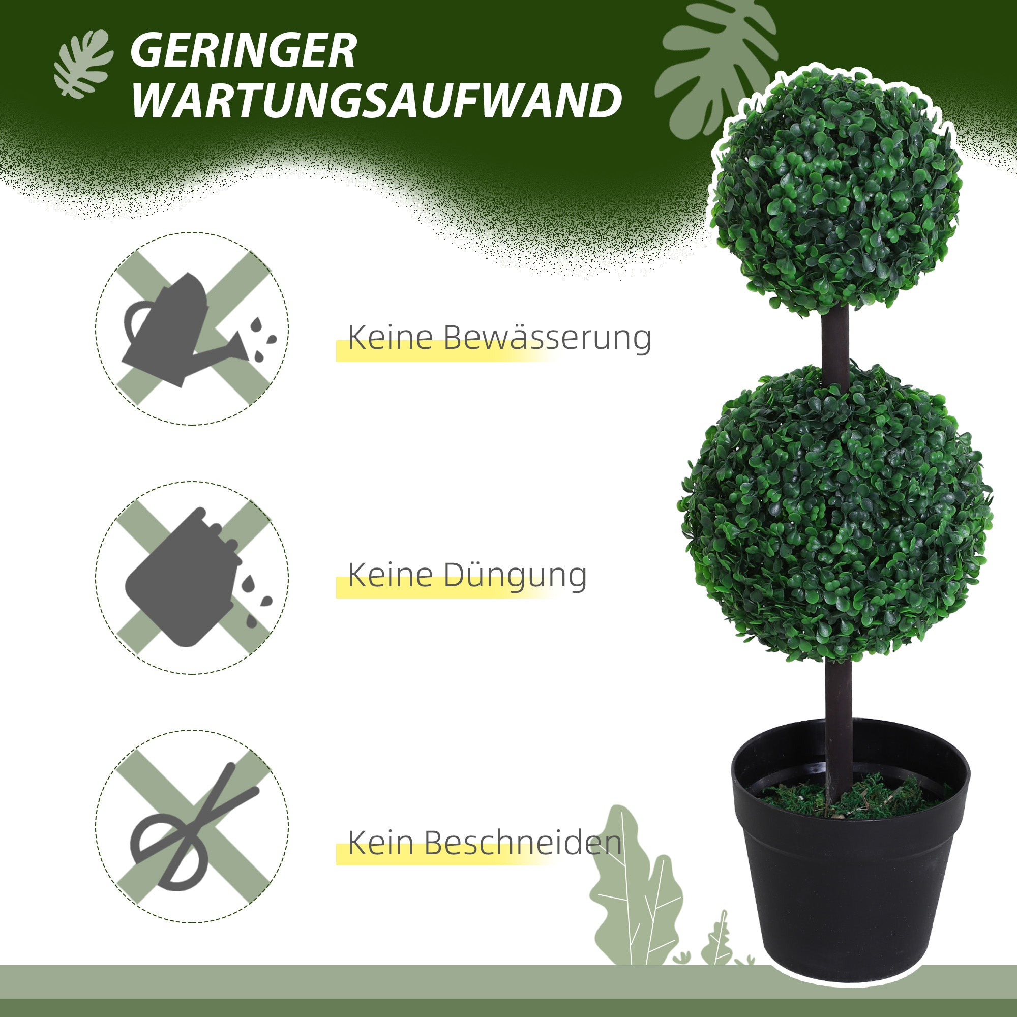 Outsunny 2er-Set Kunstpflanze, Künstliche Pflanzen im Kugeldesign, Kunstbaum im Zementtopf, Kunststoff-Pflanze, Grün+Schwarz