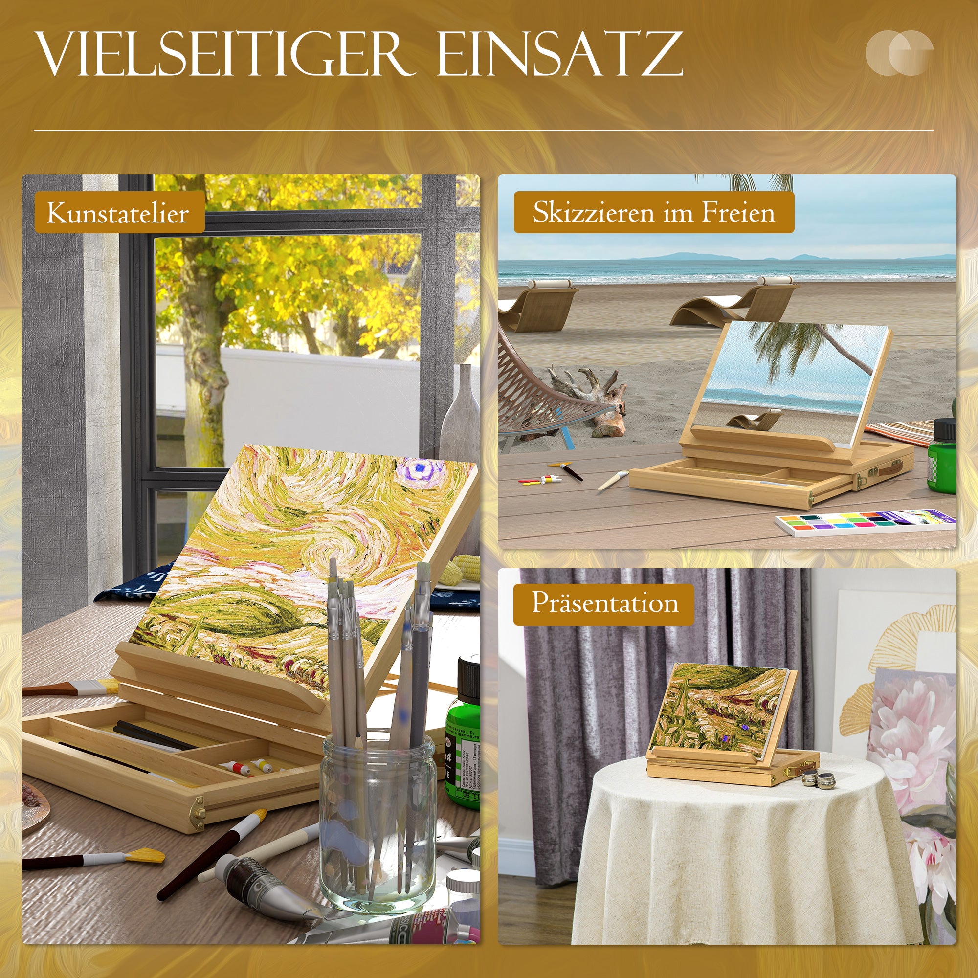Vinsetto Tischstaffelei, kleine Staffelei, 1 Schublade, 3 Fächer, Massivholz, Natur