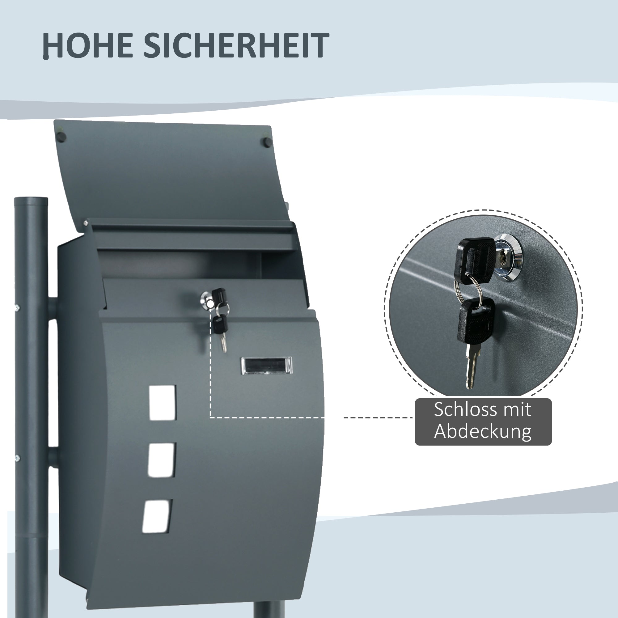 HOMCOM Briefkasten Postkasten, Verriegelung, Standbriefkasten, 2 Schlüssel, Stahl, 44 cm x 15 cm x 114 cm,  Grau