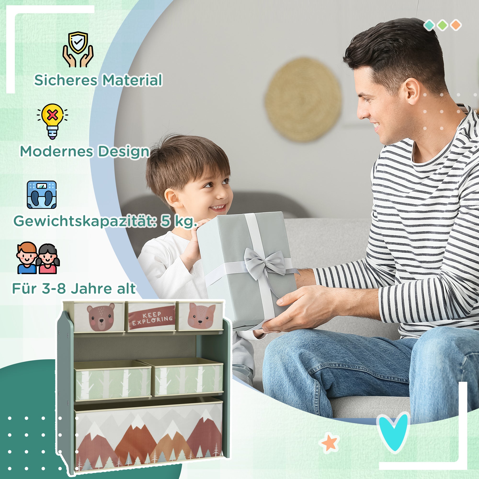 ZONEKIZ Kinderschrank mit 6 Stoffboxen, niedliches Motiv, 63x30x66 cm, Grün