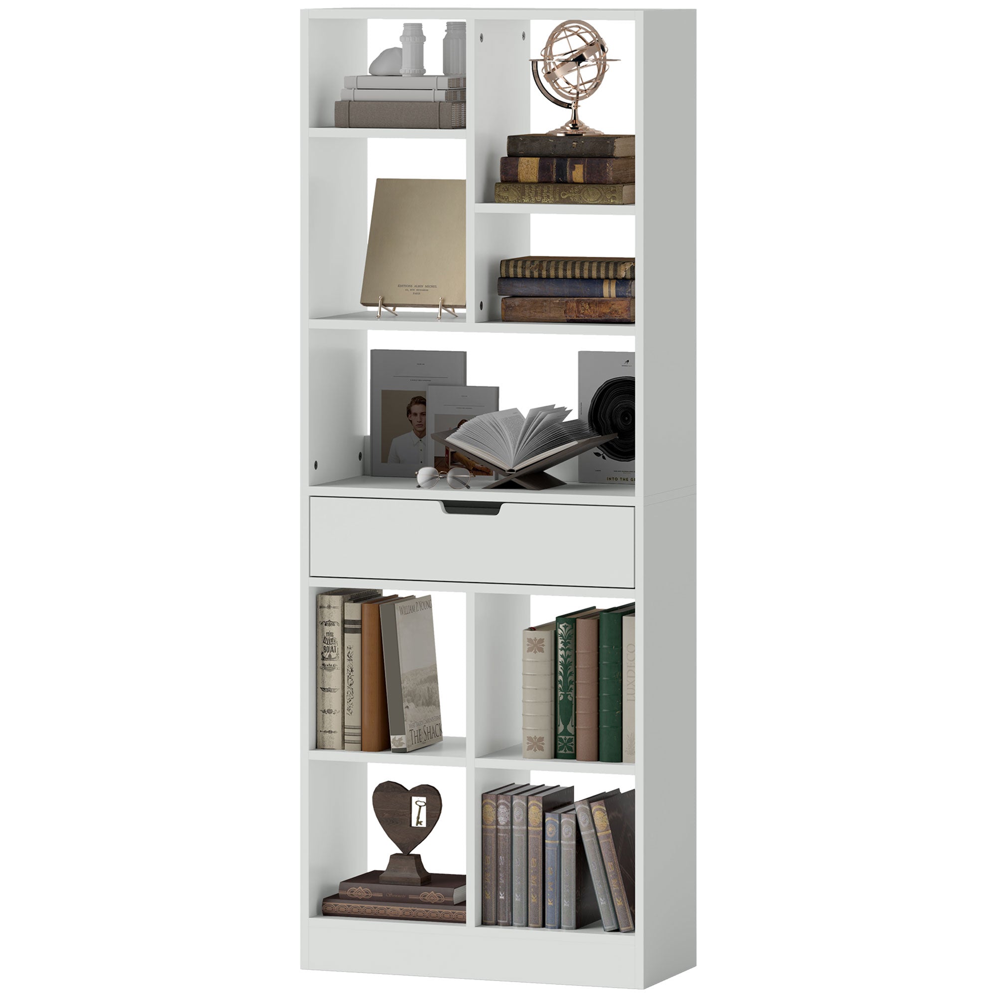 HOMCOM Bücherregal, Mehrzweckregal, 9 Fächer, Schublade, Kippschutz, 60 x 26 x 158 cm, Weiß
