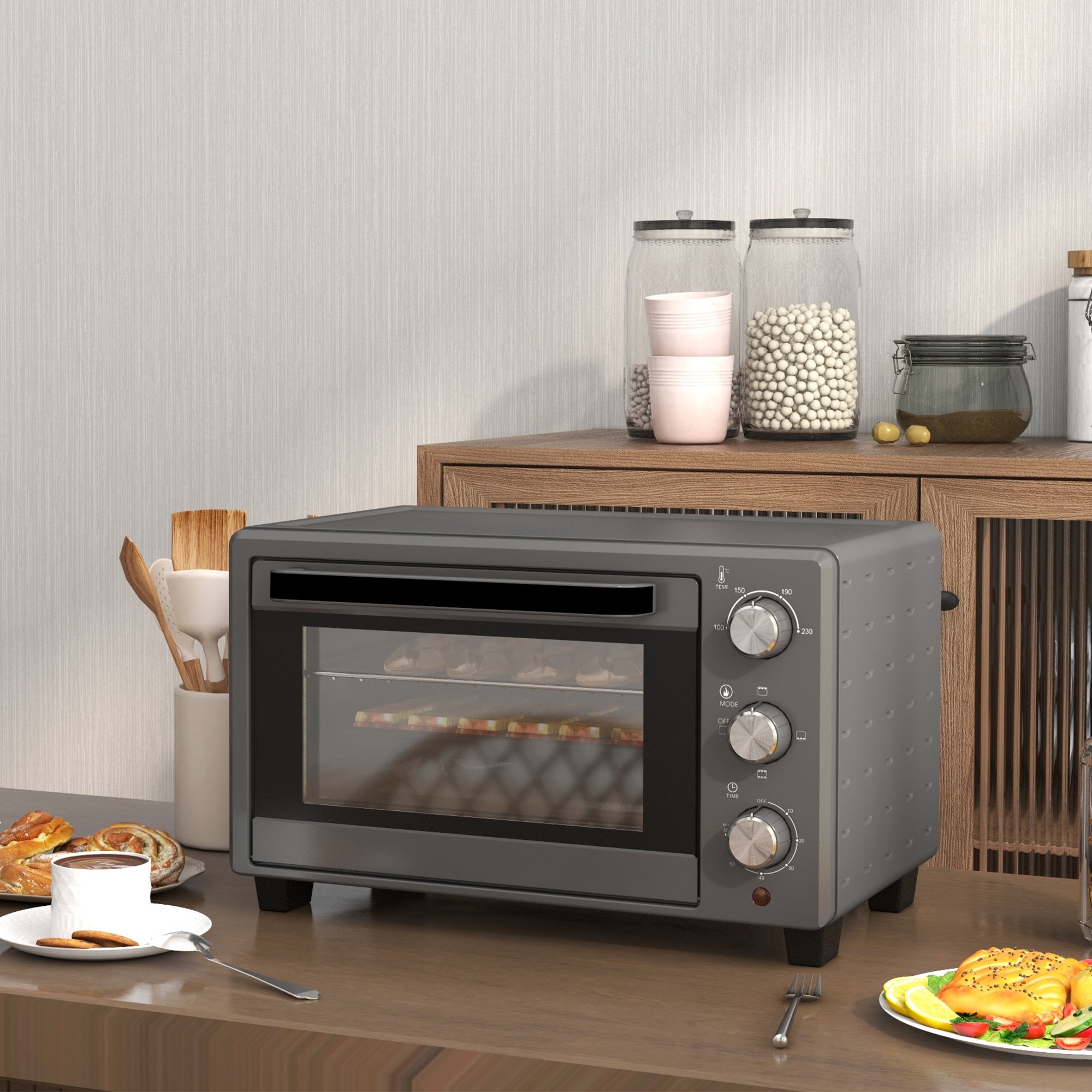 HOMCOM Minibackofen, 21 L Toasterofen mit 1 Drahtgestell und 1 Backblech, 3 Kochmodi, 100 °C-230 °C, Edelstahl, Glas, Grau