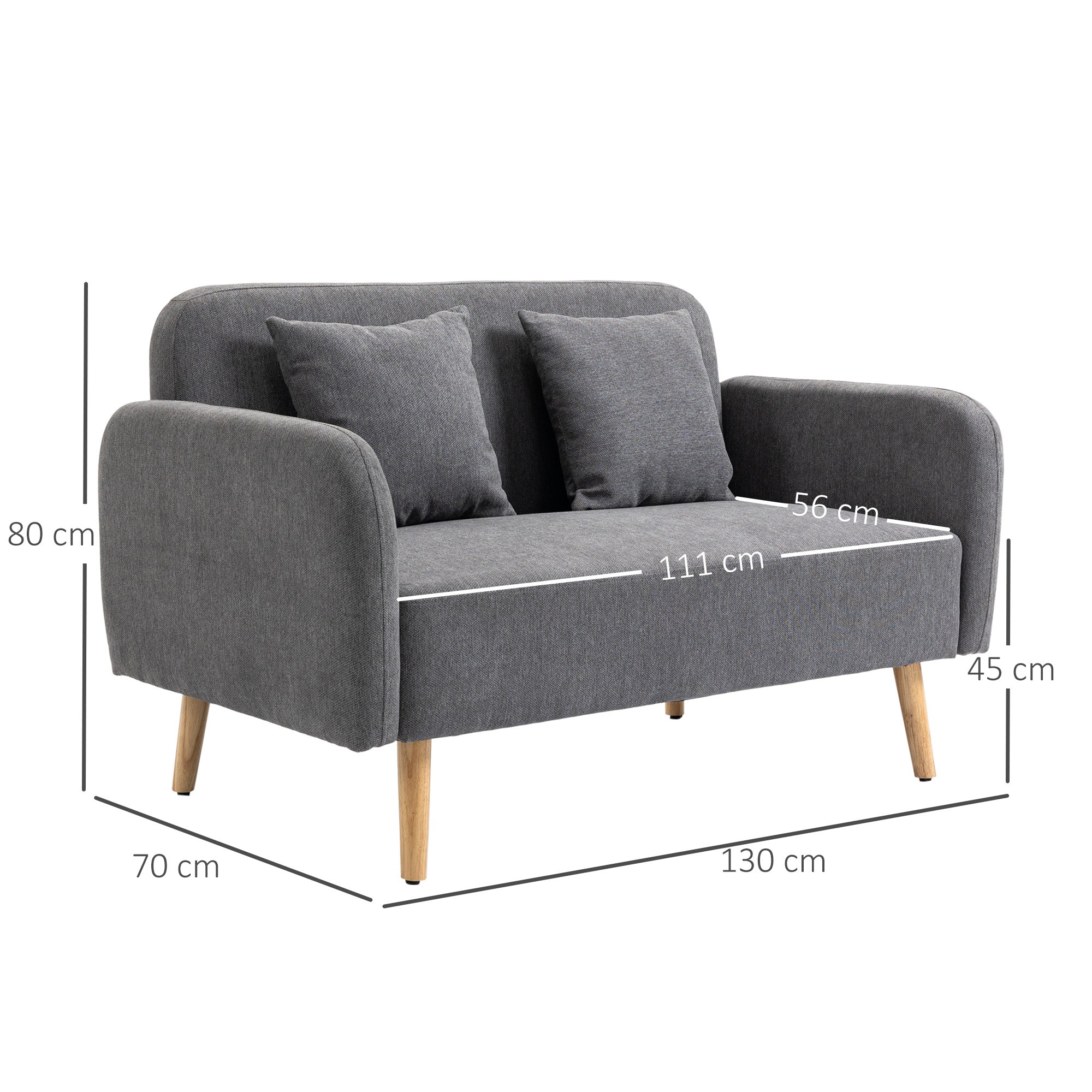 HOMCOM 2 Sitzer Sofa, Couch mit 2 Wurfkissen, gepolsterter Doppelsofa, Polstersofa mit Samtopik, Armlehne, Loveseat für Wohnzimmer, Schlafzimmer,  130 x 70 x 80 cm, Grau