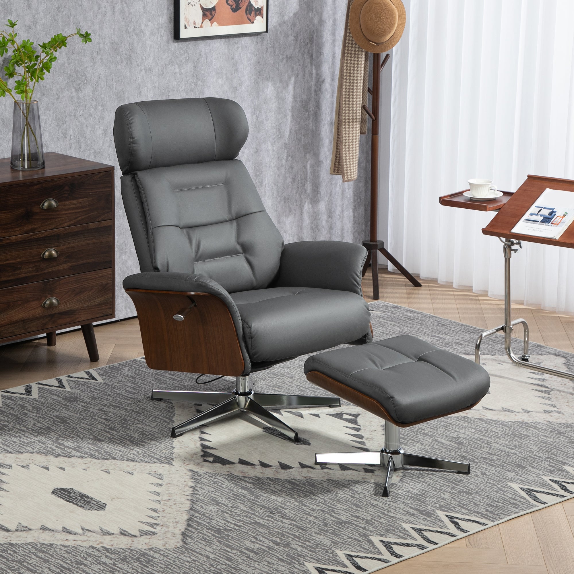 HOMCOM Relaxsessel mit Hocker, Liegefunktion, drehbar, Lederoptik, bis 150 kg, Dunkelgrau