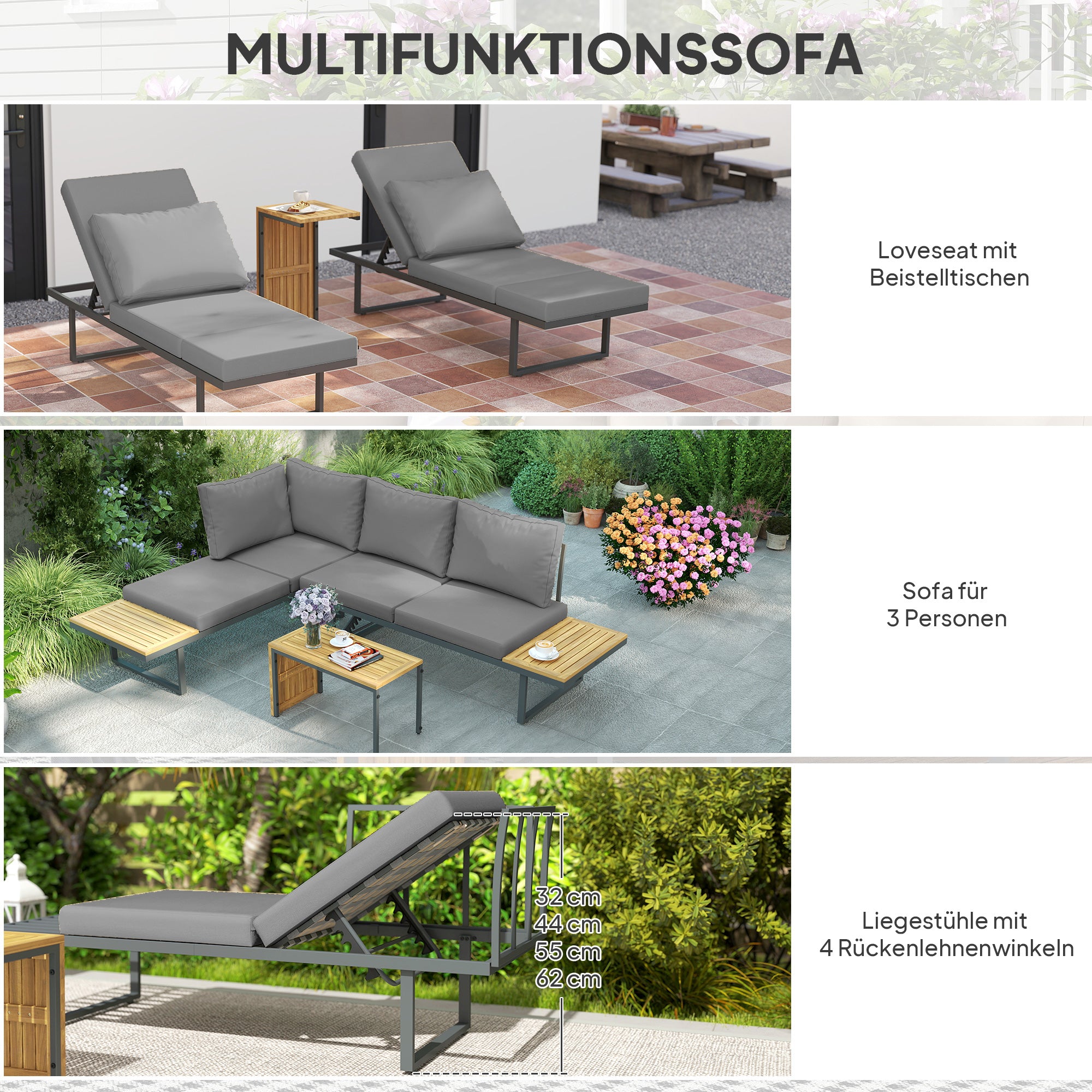 Outsunny Außenmöbel-Set, auf 6 Sitze erweiterbar, L-förmige Outdoor-Sitzecke mit Tischen, Stahlrahmen, verstellbare Lehnen, Grau