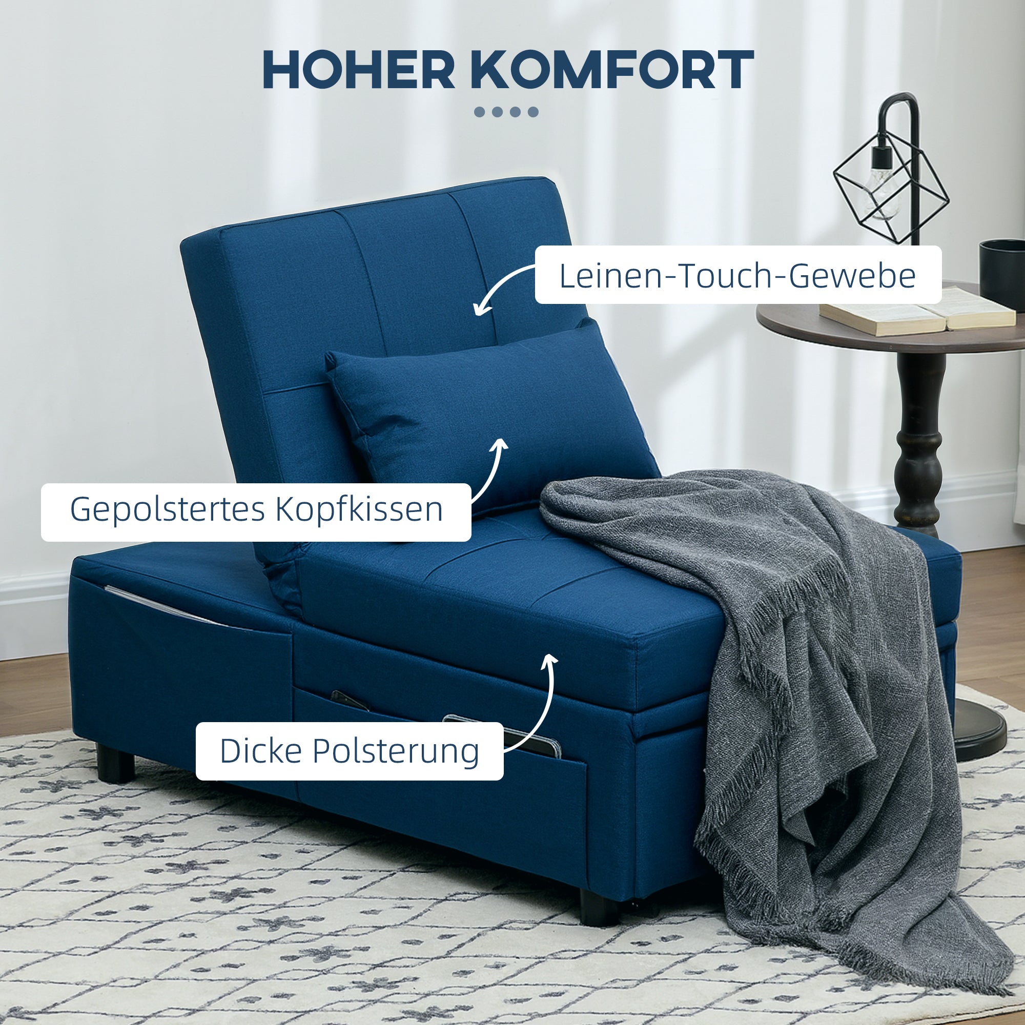 HOMCOM 3-in-1 Klappsessel mit Seitentasche, Gästebett mit Kissen, Verstellbarer Rückenlehne, Bettsessel mit Rollen, Blau