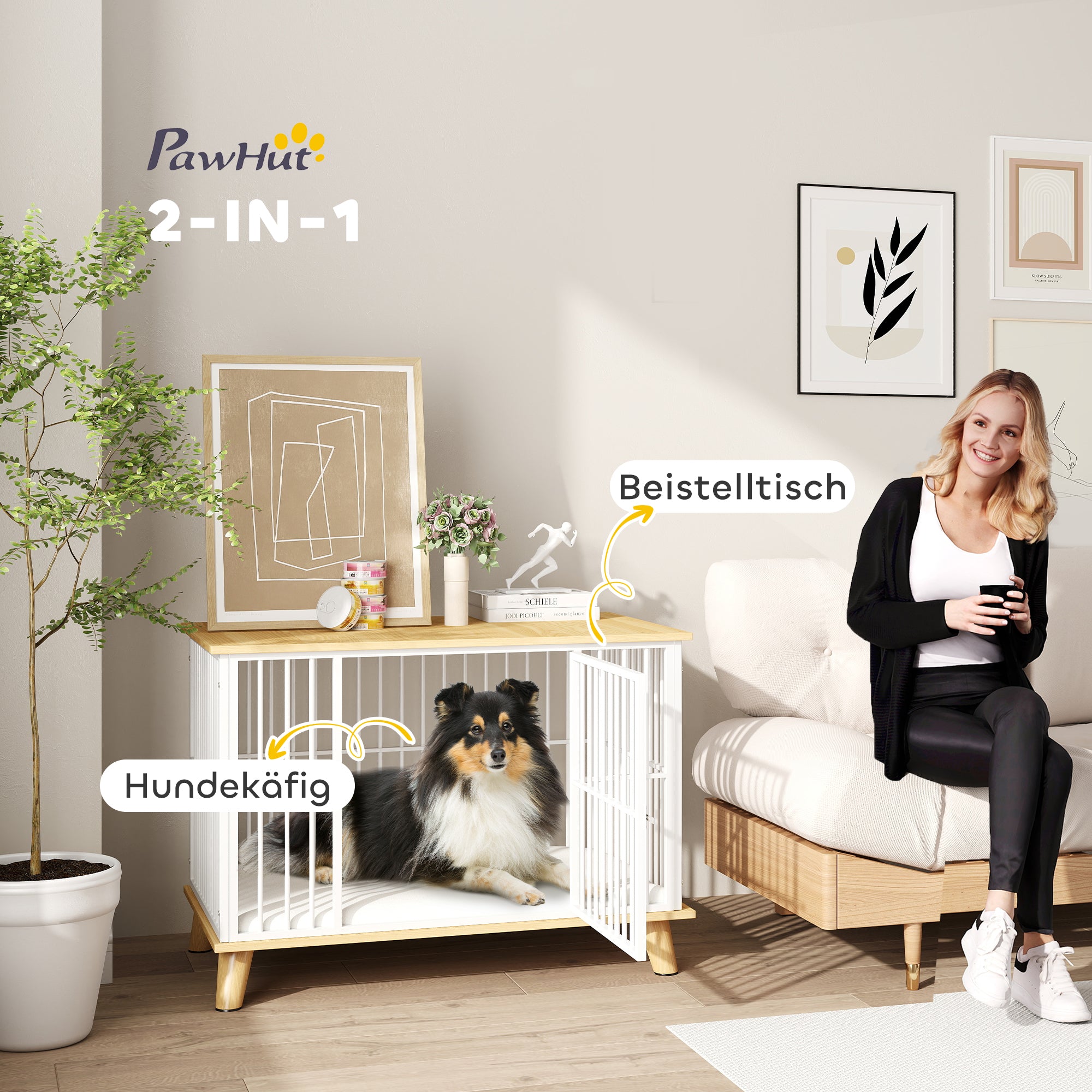 PawHut Hundebox mit Verriegelungstür, abnehmbares Kissen, gute Belüftung, Stahl, 86x60x70 cm, Weiß+Grau