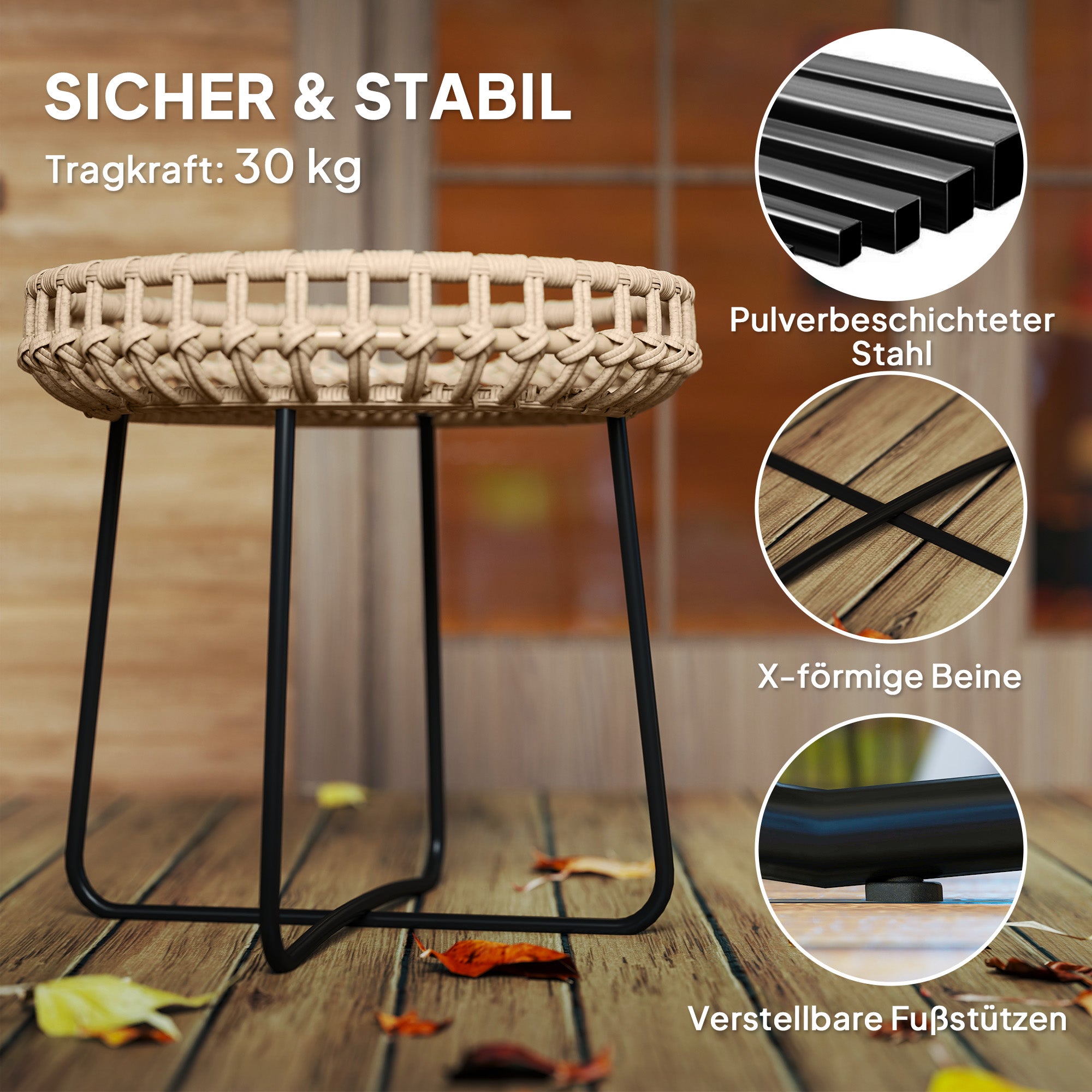 Outsunny 2er Set Beistelltisch Polyrattan Ø60/41 cm rund wetterfest Gartentisch mit X-Beine Verstellbare Fußpads Braun