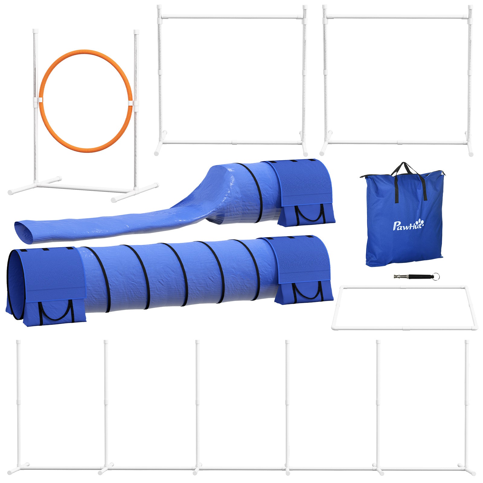 PawHut Hunde-Agiliy-Set Hundeparcours, 1 Reifen,  2 Tunnel 2 Hürden, 321 cm x 63c m x 93 cm, Blau + Rot+ Weiß