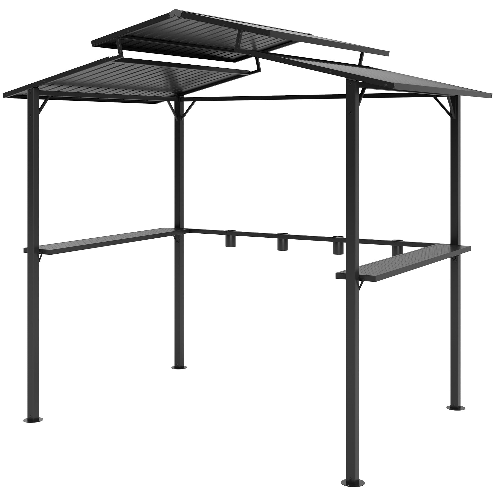 Outsunny Grillpavillon 250 x 160 x 250 cm wasserdicht Gartenpavillon mit Doppelschichtdach, Seitenregalen Schwarz