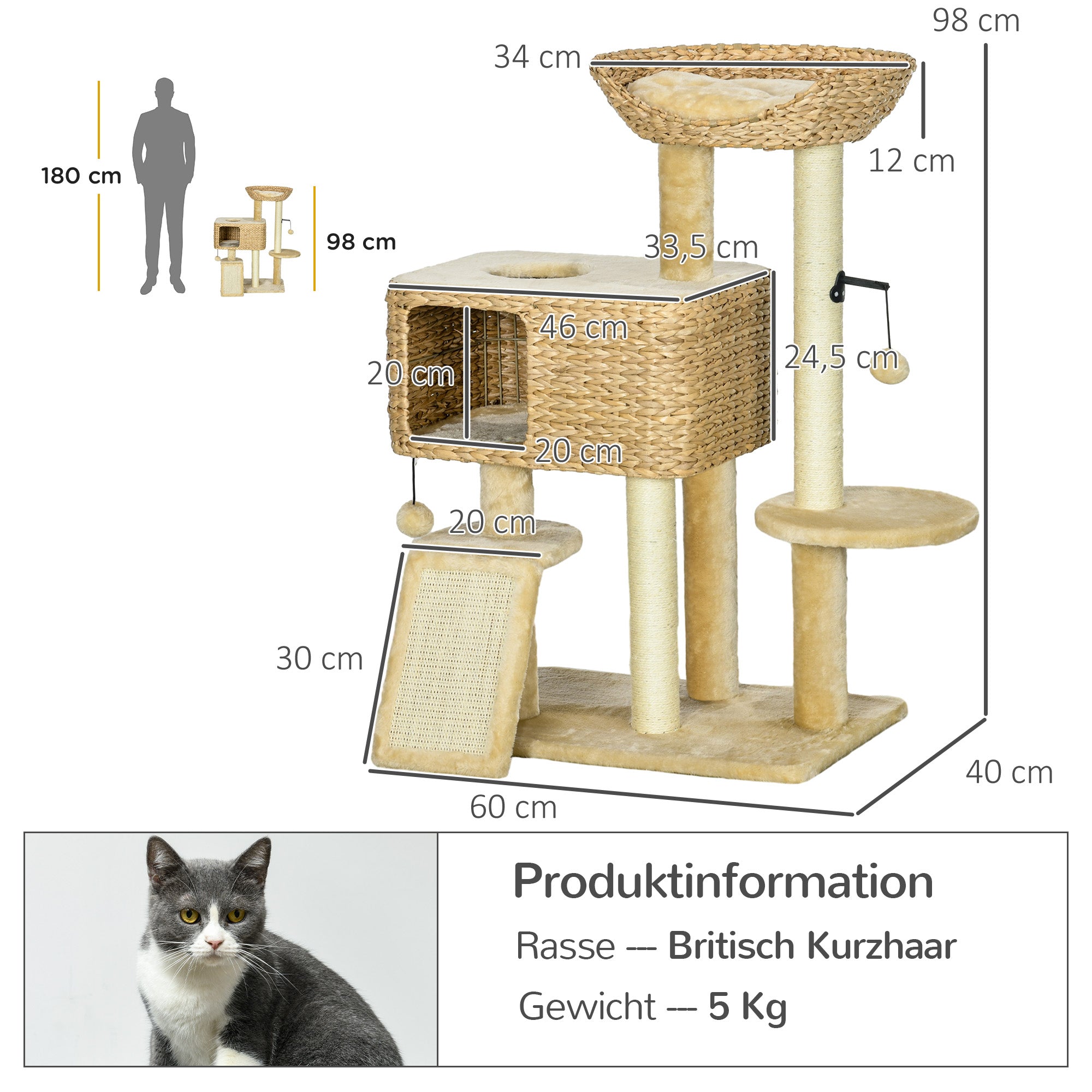PawHut Kratzbaum Katzenbaum, 1 Katzenhöhle, 1 Katzbenbett, 1 Liegefläche, 1 Rampe, 60 cm x 40 cm x 98 cm, Natur + Beige