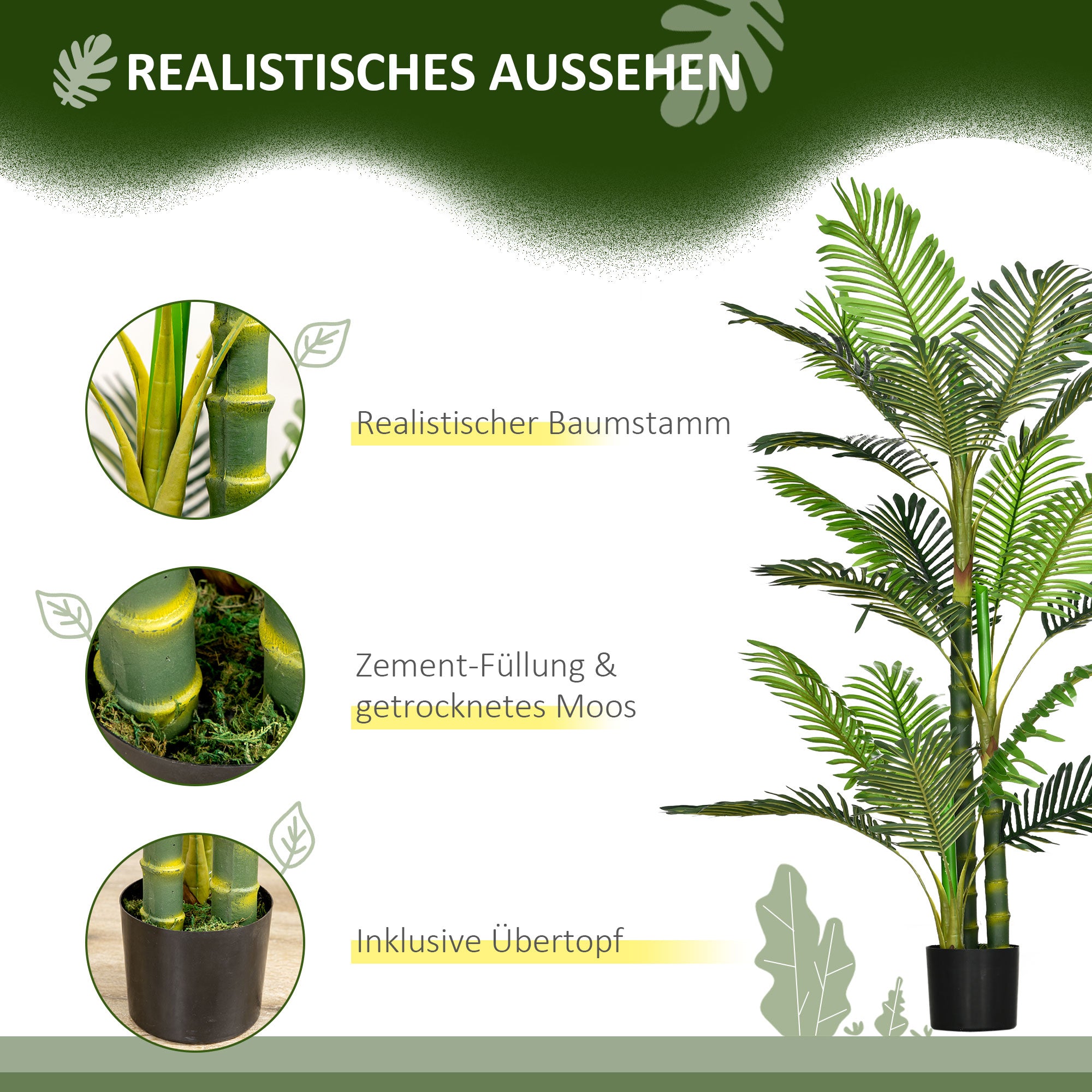 HOMCOM Kunstpflanze, künstliche Palme, inkl. Übertopf; 19,5 cm x 19,5 cm x 150 cm, Grün + Schwarz