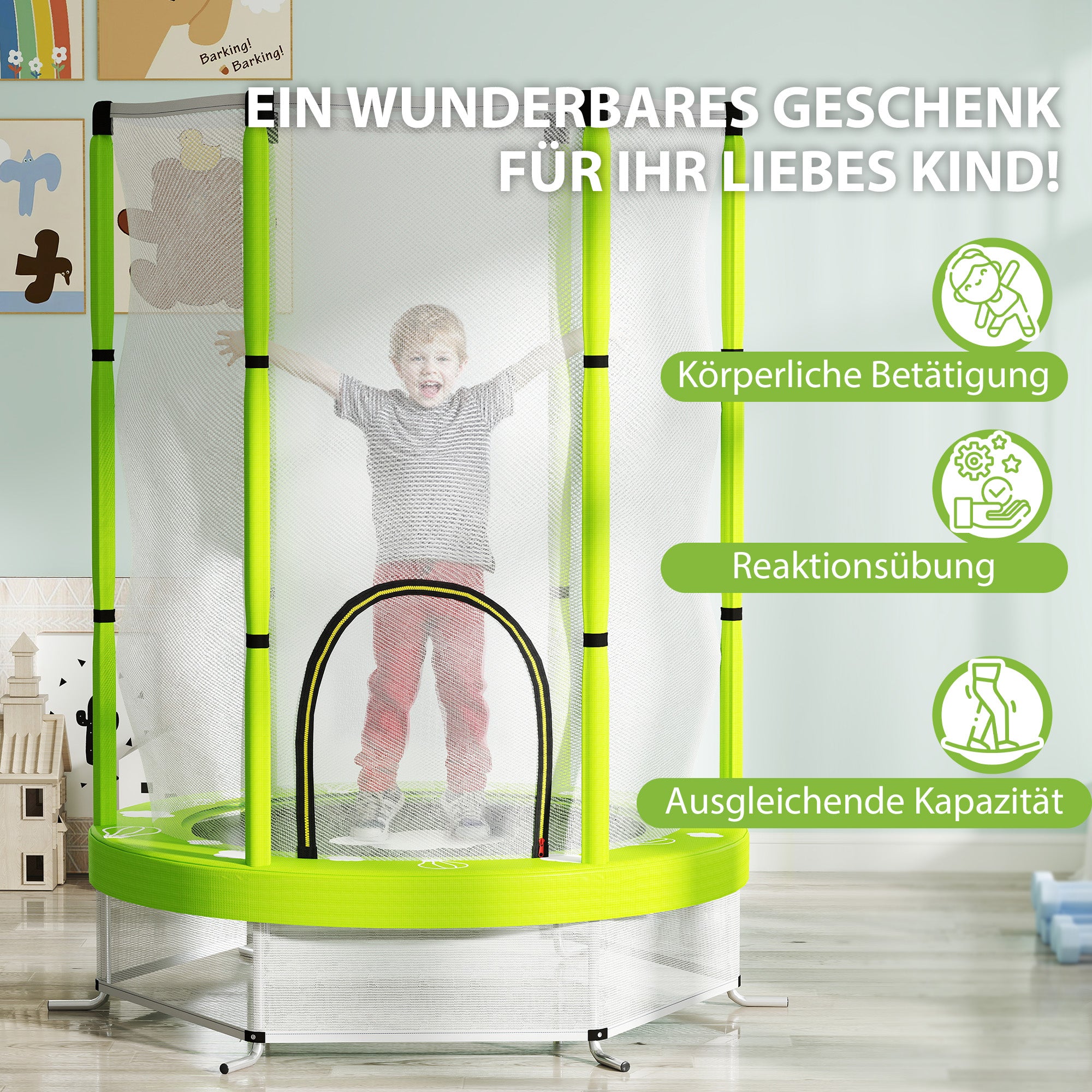 AIYAPLAY Kindertrampolin mit Sicherheitsnetz, für den Innen- und Außenbereich, 3-6 Jahre, Grün