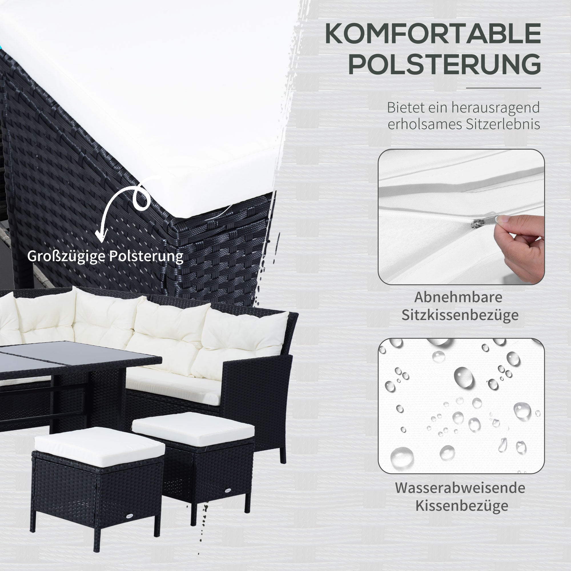 Outsunny Gartenmöbel-Set aus PE-Rattan für 7 Personen, abnehmbare Polster, Cremeweiß + Schwarz