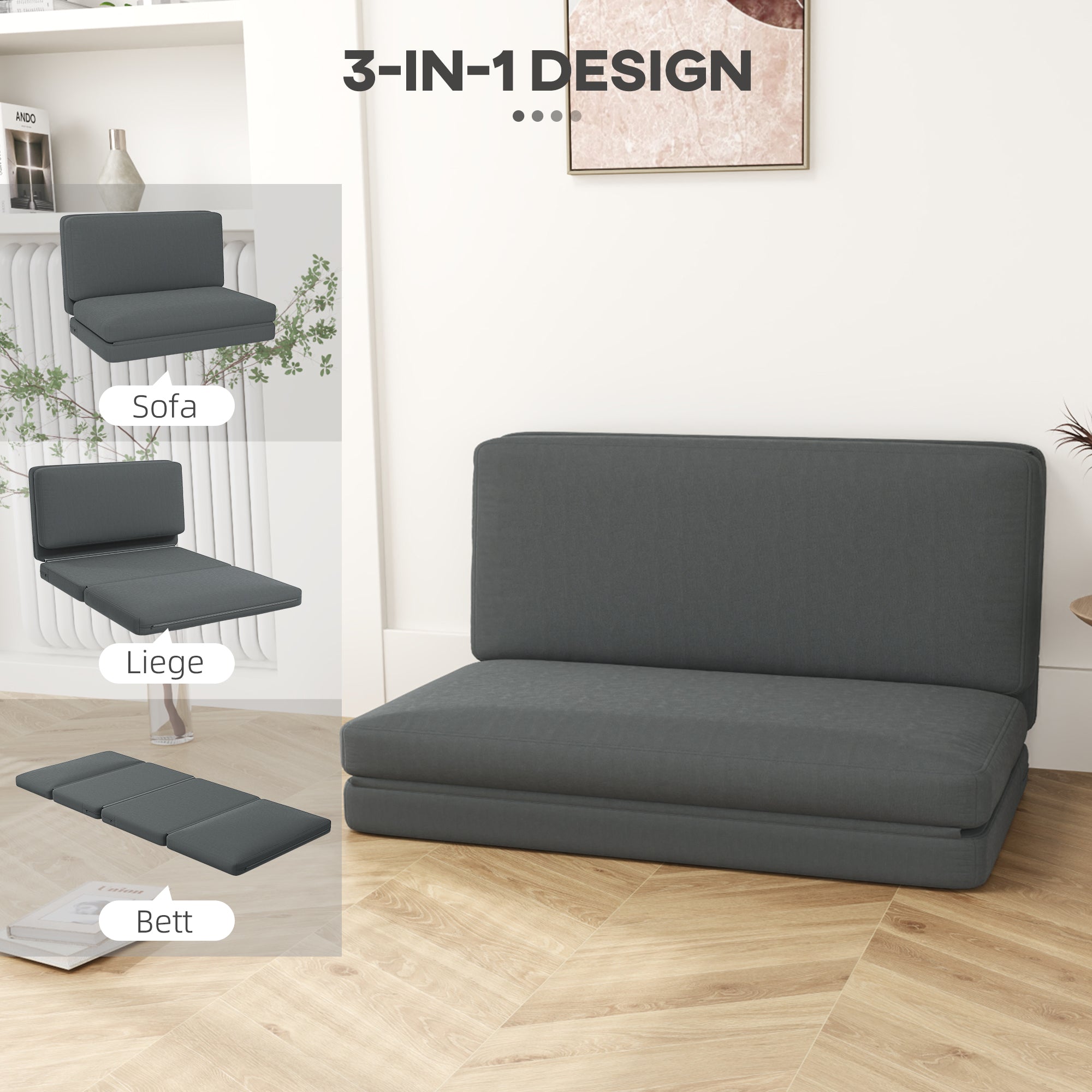 HOMCOM 3-in-1 faltbarer Relaxsessel, Gästematratze, teilbar, 138 cm breit, Dunkelgrau