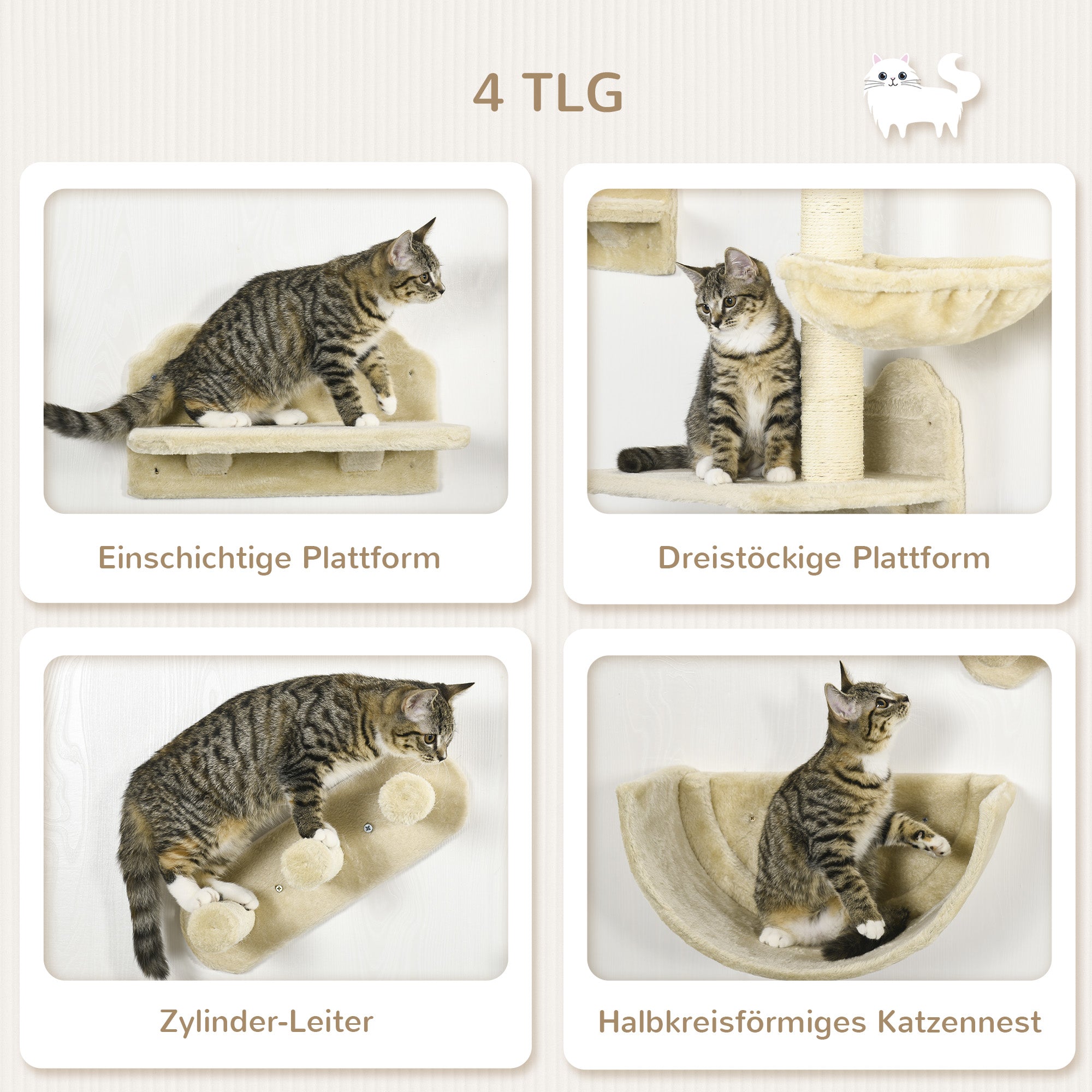 PawHut Kletterwand-Set für Katzen, 4-teilig, mit Katzentreppe, Hängematte, Plattform und Kratzbaum, Beige