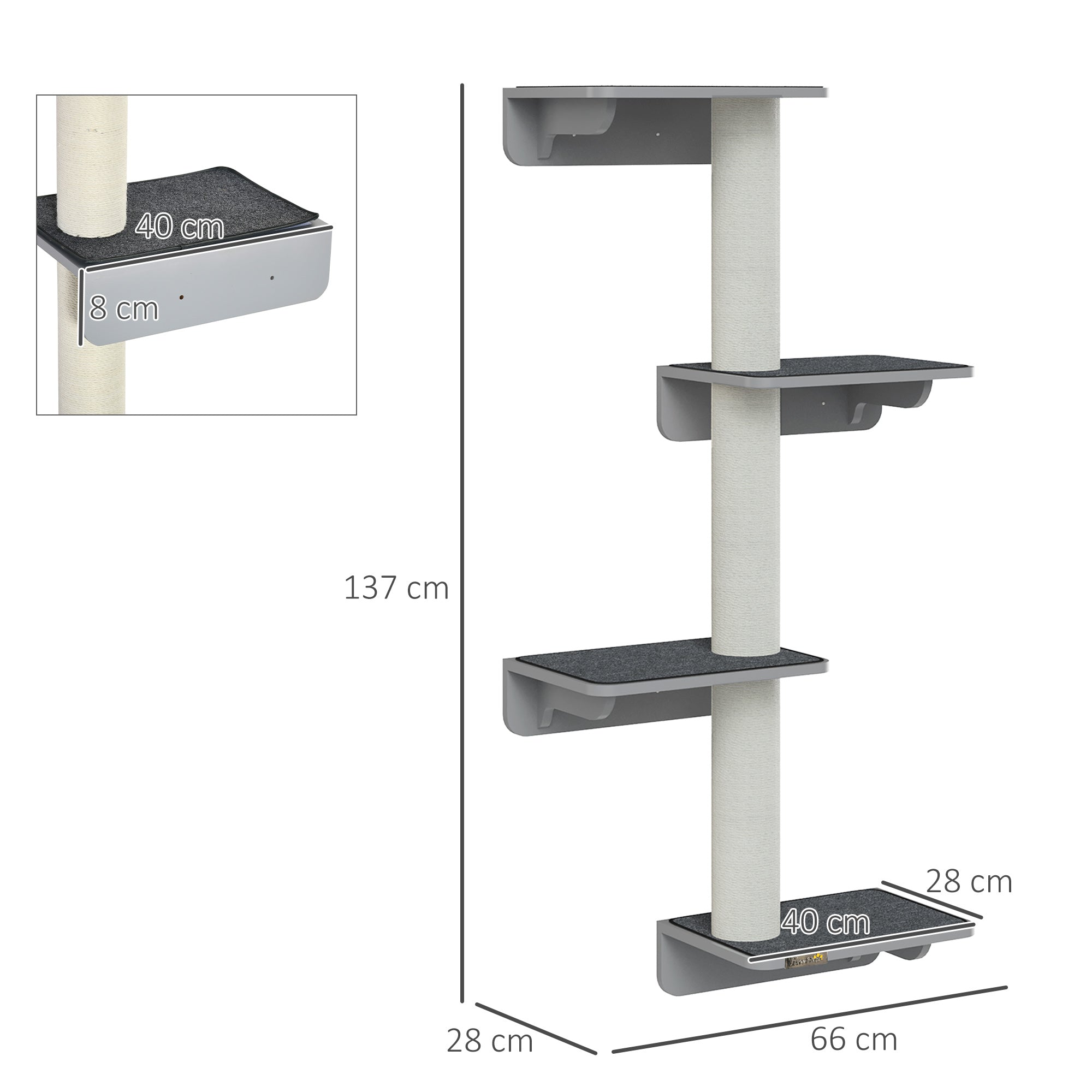 PawHut Wandkratzbaum Katzen-Kletterwand Kratzbaum Katzenmöbel für die Wand Kletterspaß für Katzen Wandmontage Holz Hellgrau+Beige 66 x 28 x 137 cm