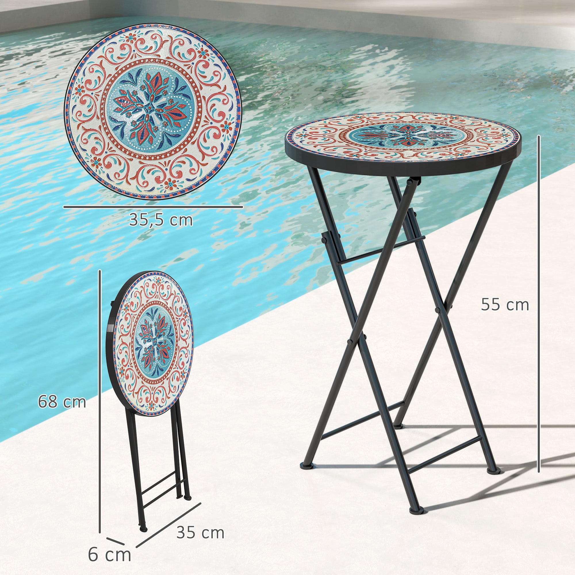 Outsunny Mosaik-Gartentisch, Faltbarer runder Terrassentisch mit Metallrahmen und Keramik-Tischplatte, Mosaik-Muster, Mehrfarbig