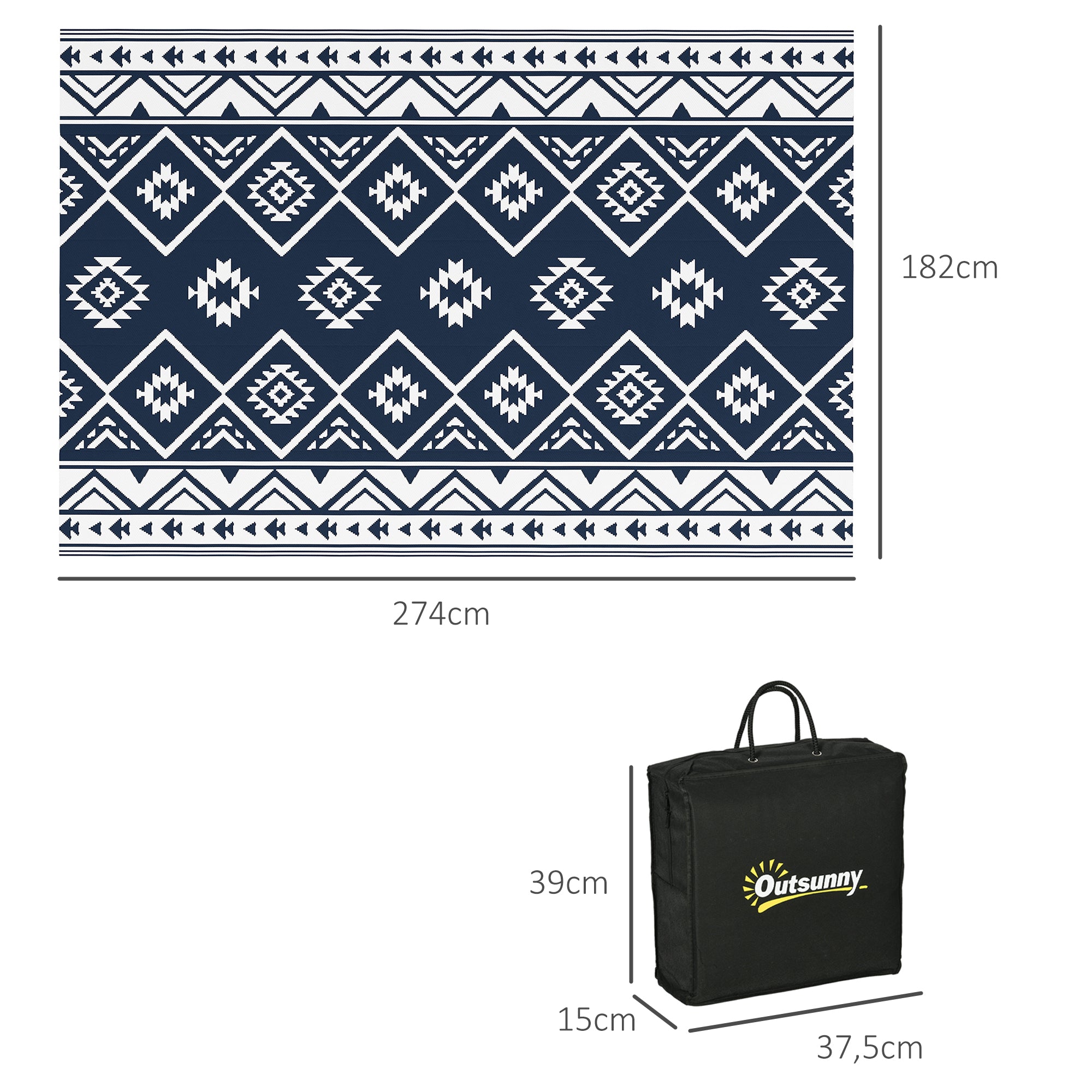 Outsunny Outdoorteppich Terrassenteppich, wetterbeständig, modernes Design, 182 cm x 274 cm x 0,3 cm, Schwarz + Weiß