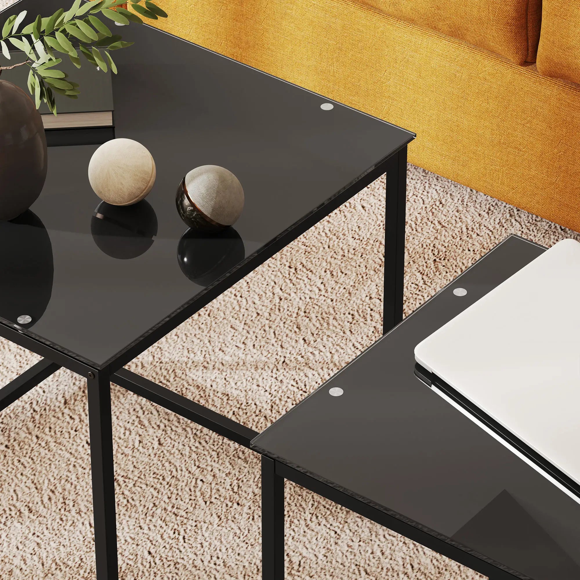HOMCOM 2er-Set Beistelltische mit Glastischplatte, quadratisch, Schwarz
